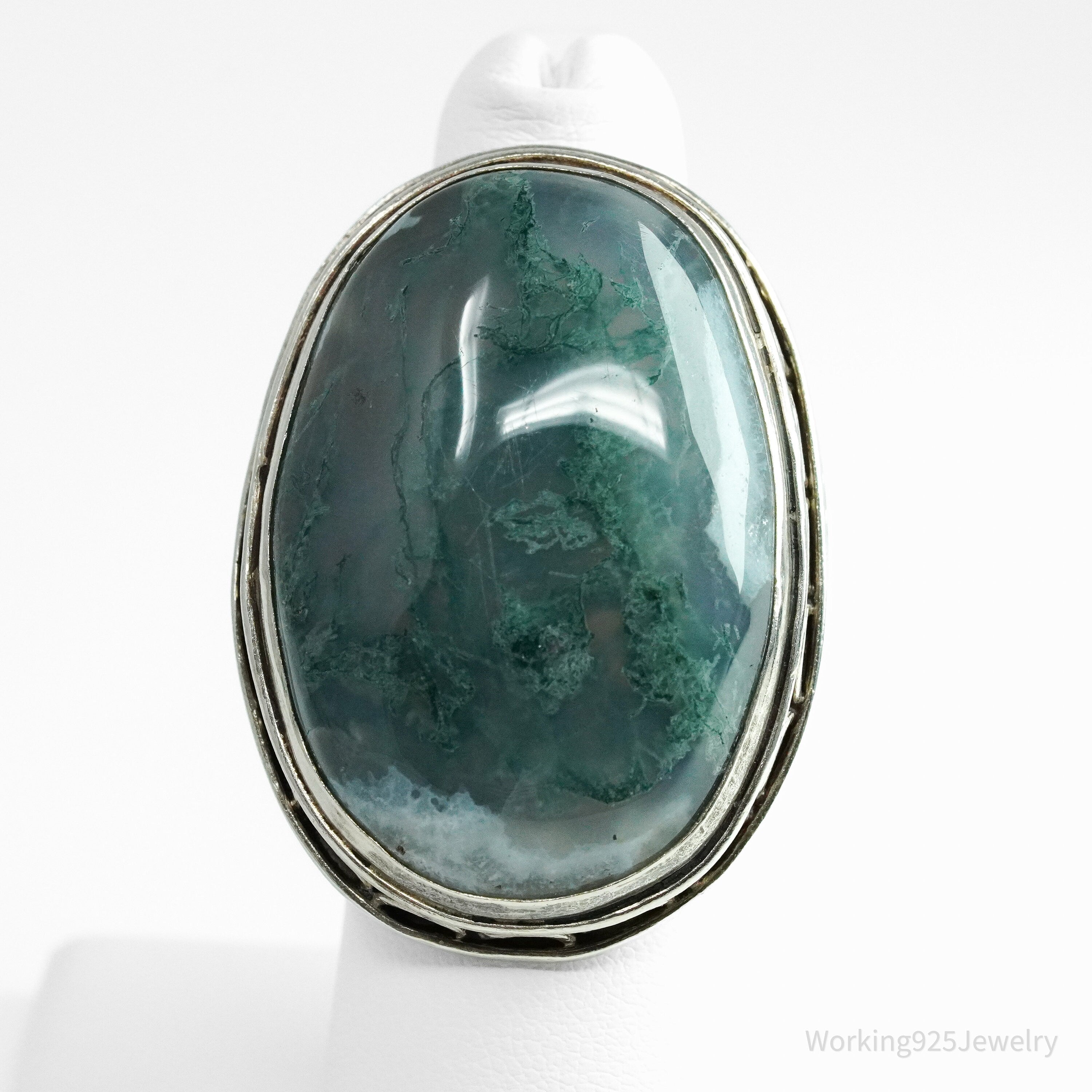 Vintage Large Moss Agate Sterling Silver Ring - Size 7.5
