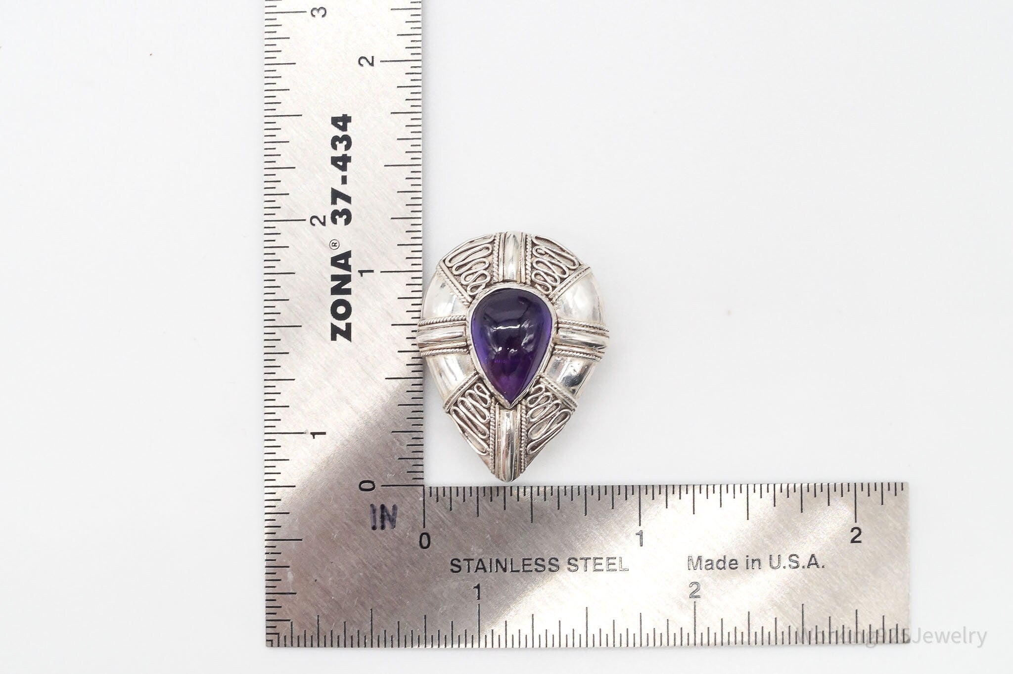 Vintage Amethyst Bali Style Sterling Silver Brooch Pin Pendant