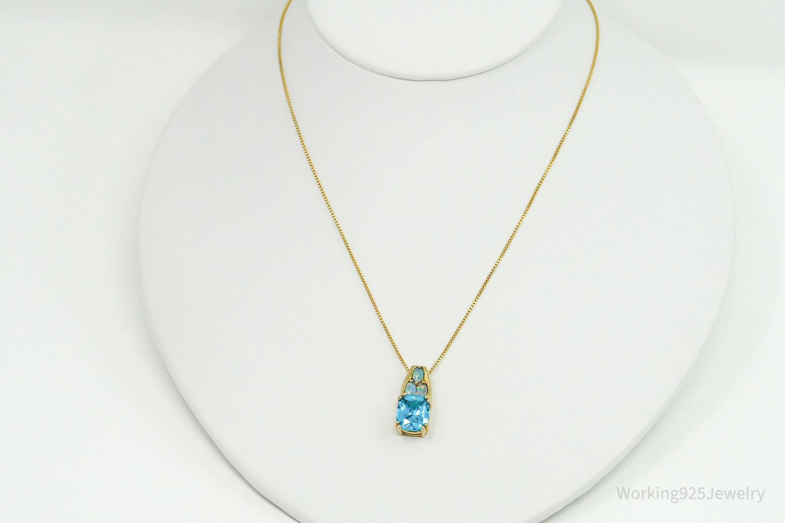 Vintage Blue Tourmaline & Opal Gold Vermeil Sterling Silver Necklace 16"