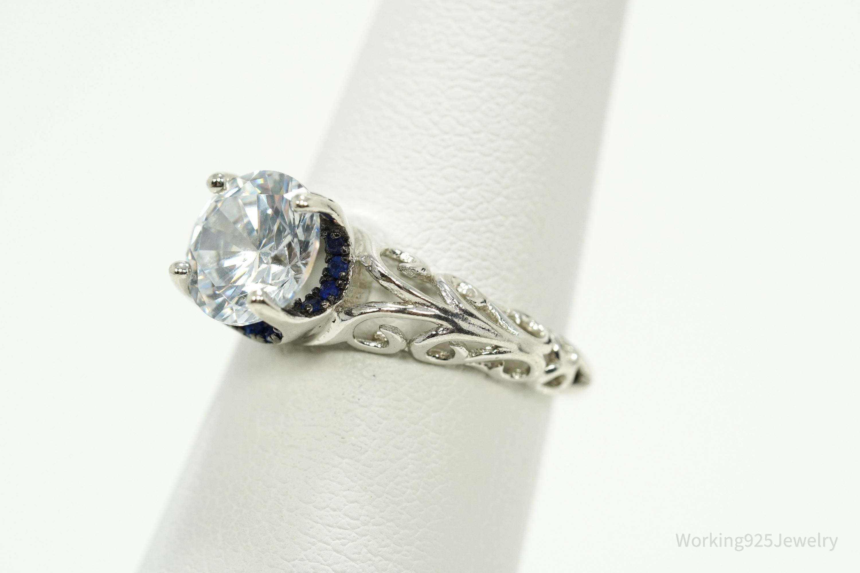 White Cubic Zirconia & Blue Spinel Sterling Silver Ring - Size 5