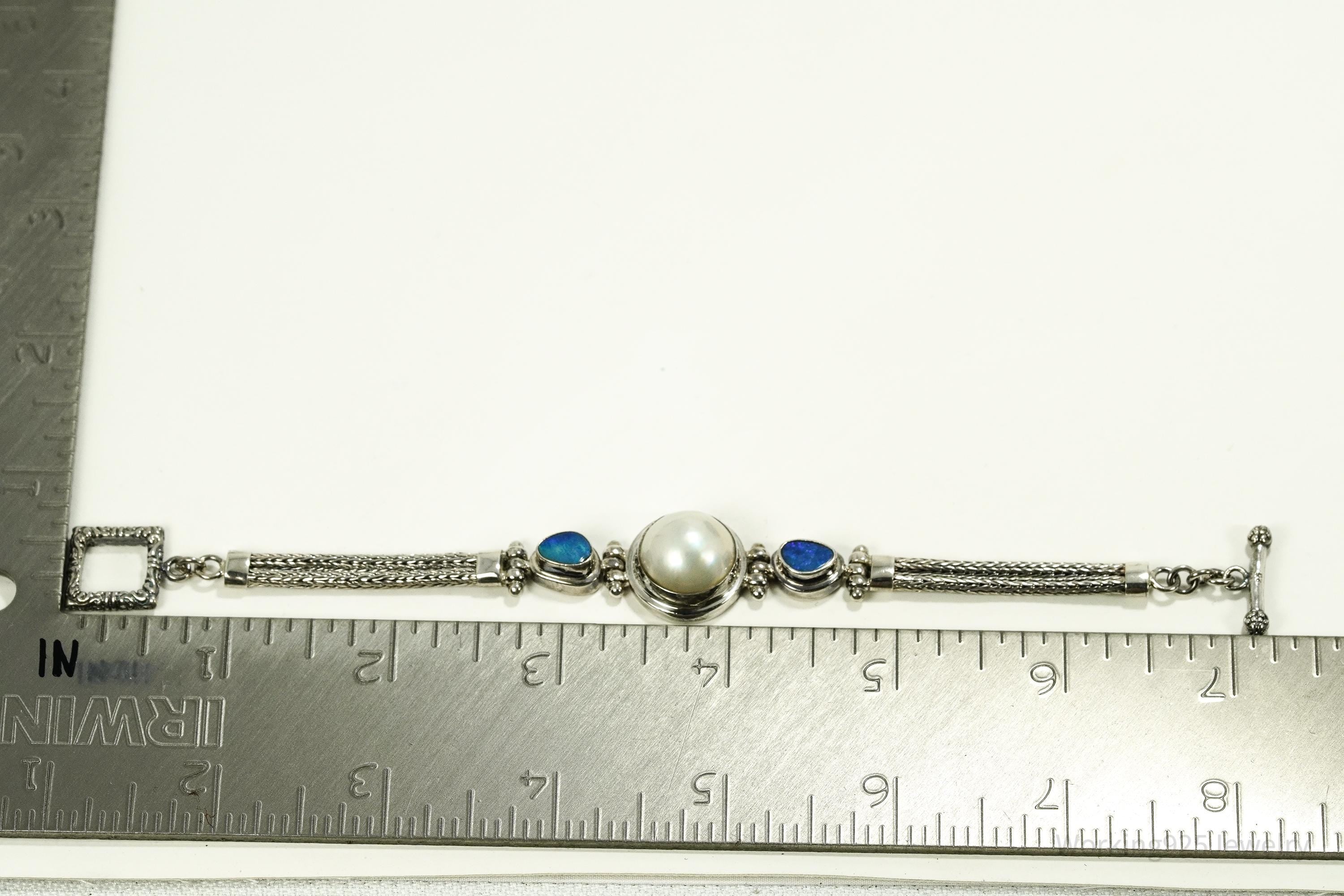 Vintage White Pearl & Opal Sterling Silver Toggle Bracelet 7 1/8"