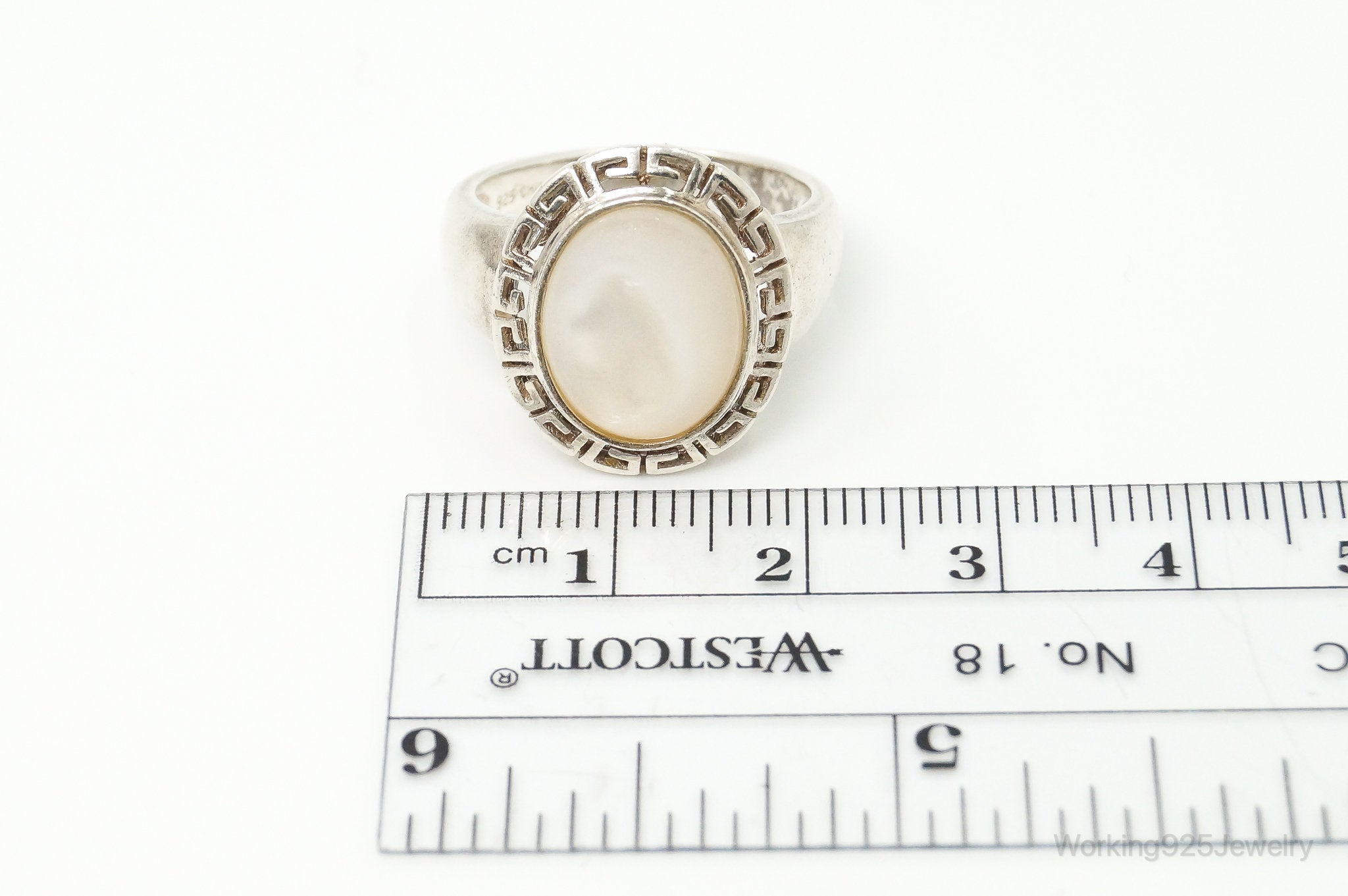 VTG Designer DV Mother Of Pearl Greek Key Design Sterling Silver Ring - SZ 8