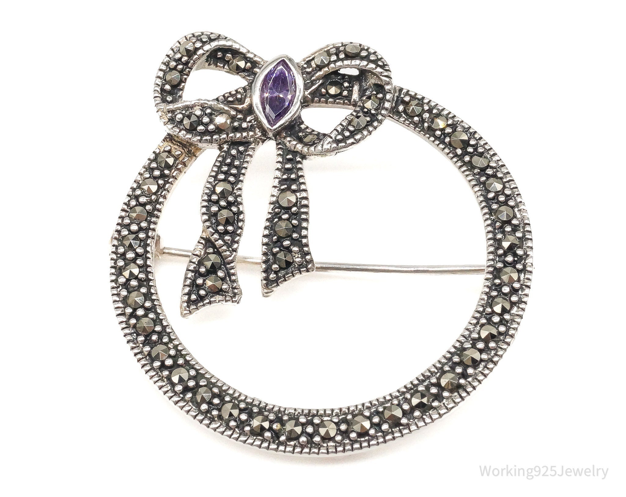 Vintage Amethyst Marcasite Bow Tie Wreath Sterling Silver Brooch Pin