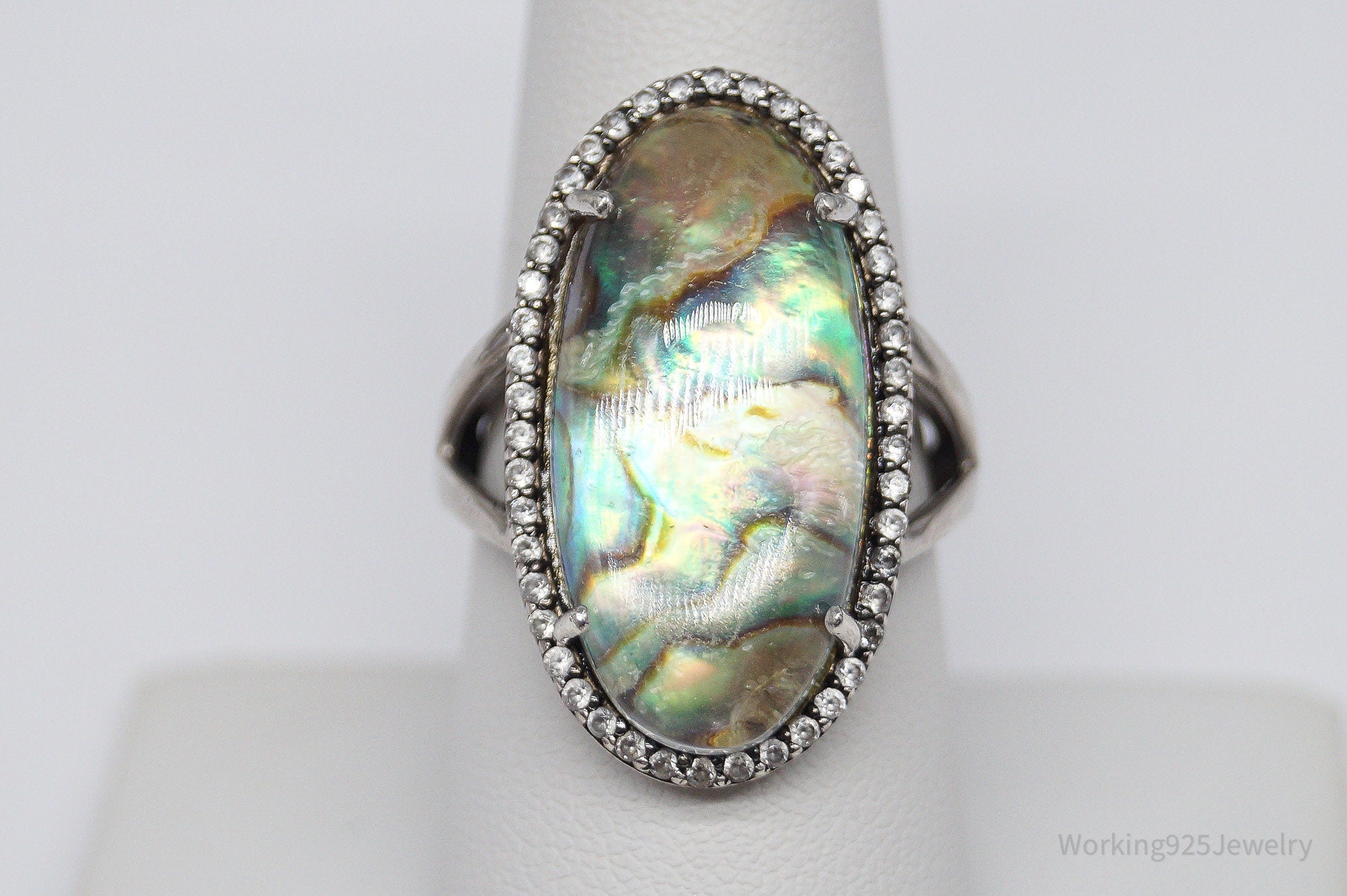 Vintage Paua Abalone Shell White Topaz Sterling Silver Ring - Size 8