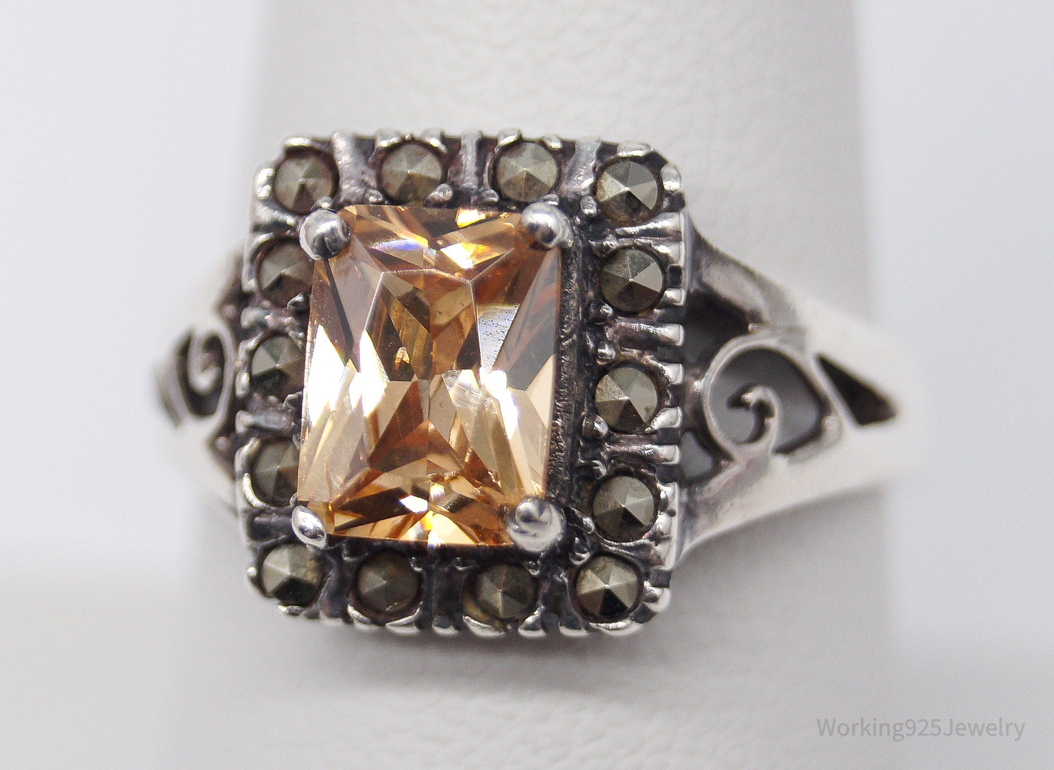 Vintage Champagne Cubic Zirconia & Marcasite Sterling Silver Ring - Size 8