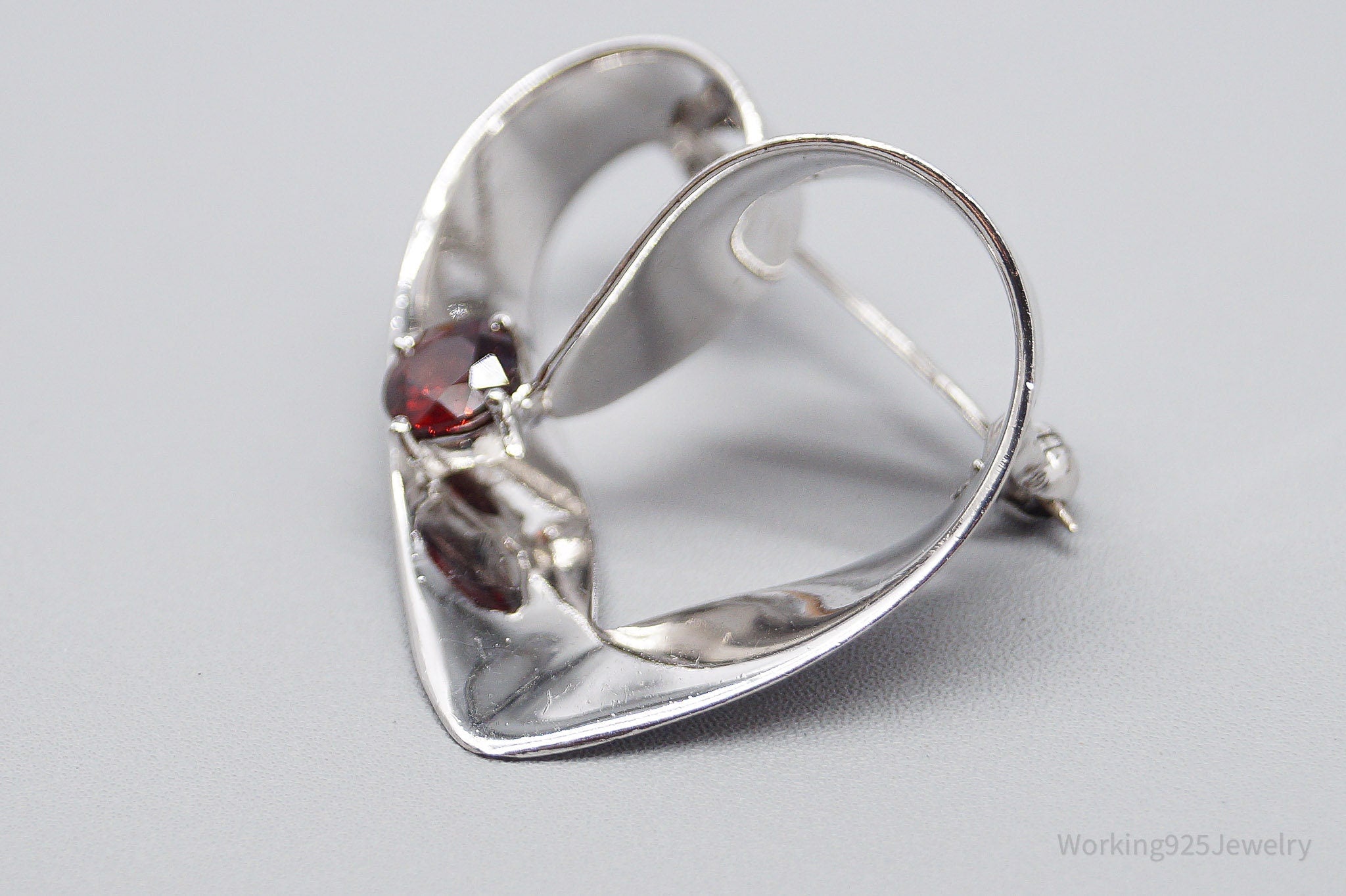 Large Vintage Garnet Heart Sterling Silver Brooch Pin