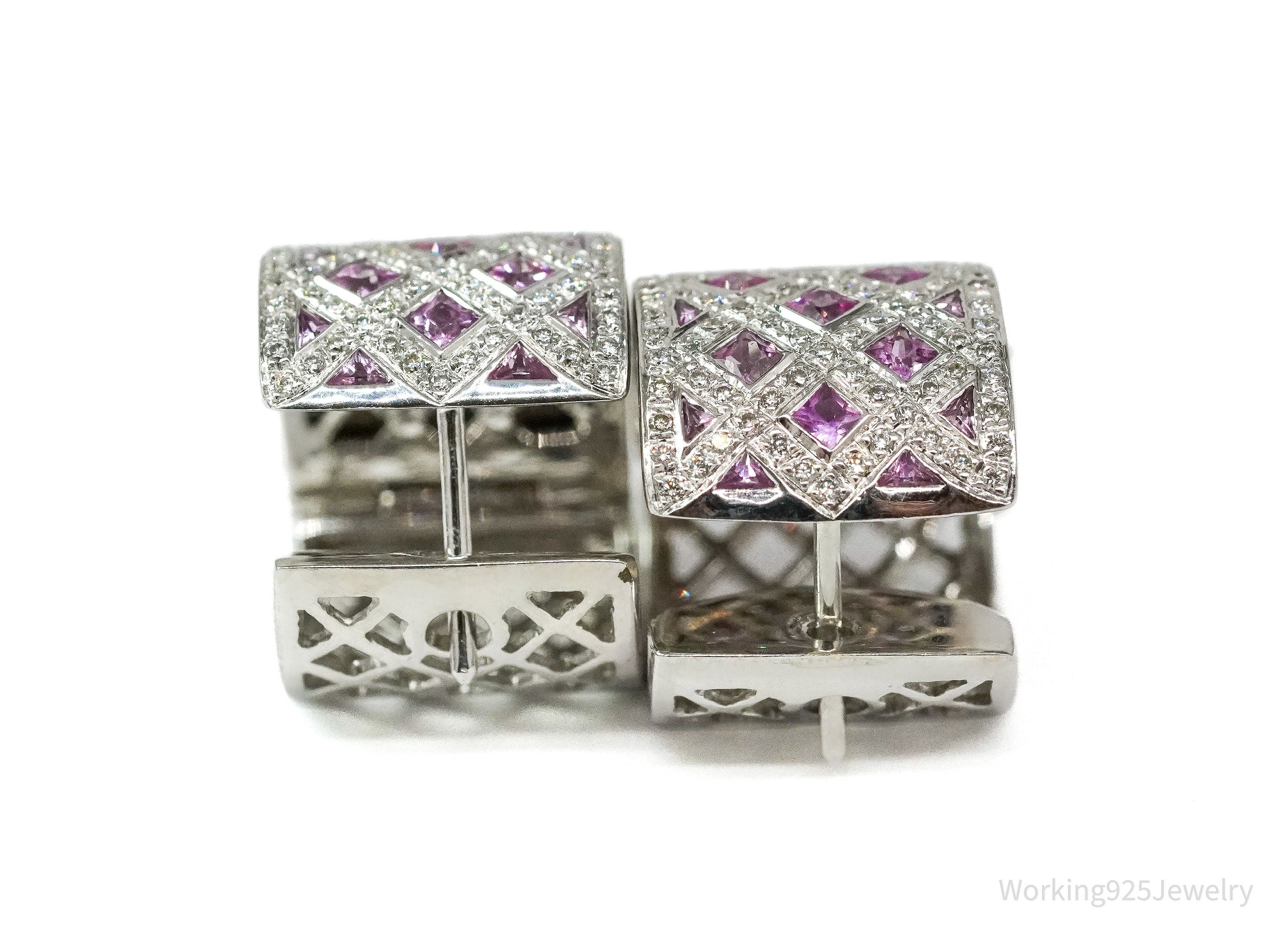 14K White Gold, Diamonds, & Pink Sapphires Earrings