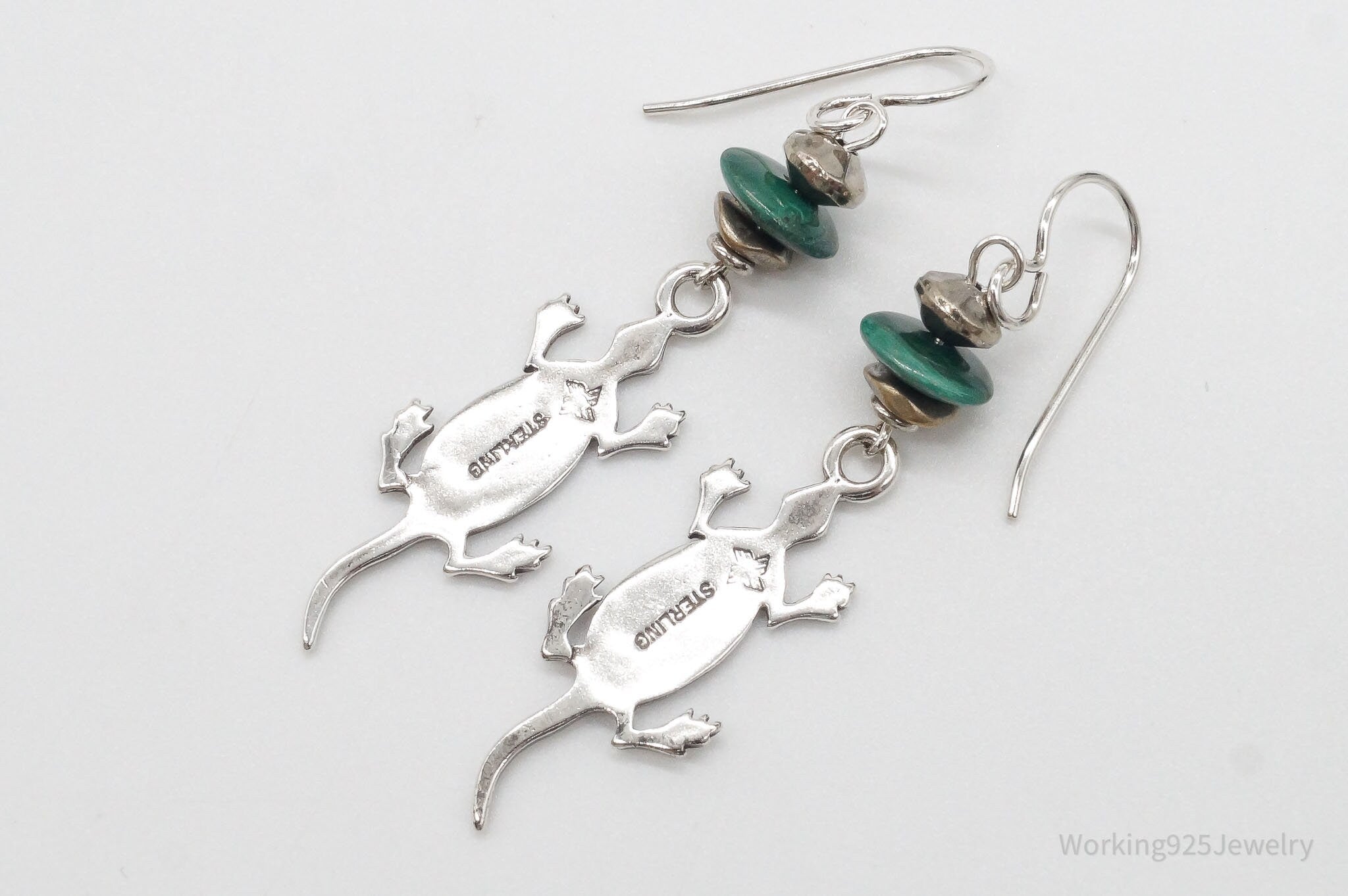 Large Native Malachite Lizards Sterling Silver Earrings