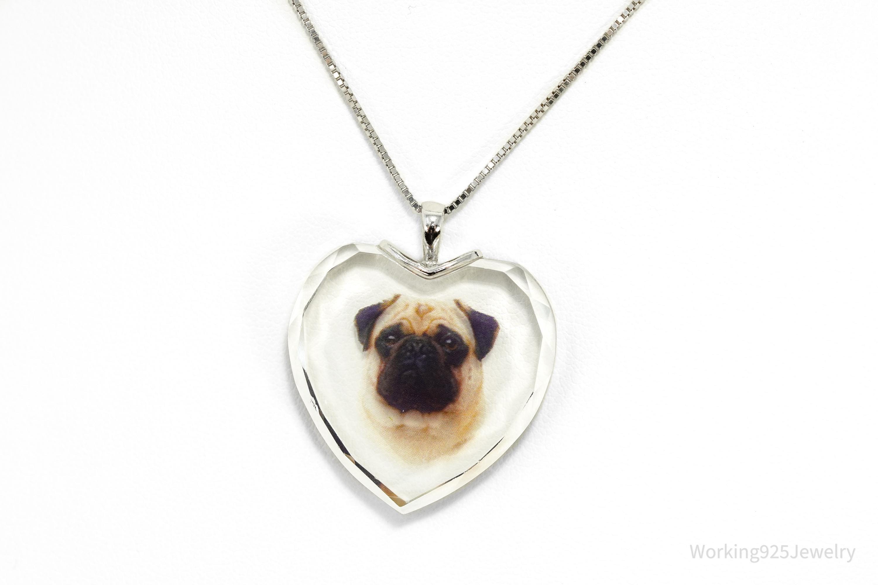 Vintage Bradford Exchange Pug Face Heart Sterling Silver Chain Necklace - 18"