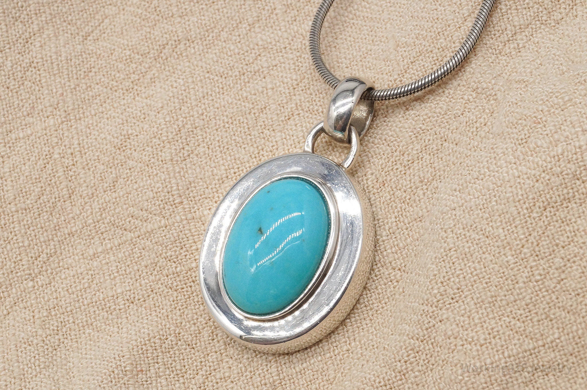 Vintage Large Blue Turquoise Pendant Sterling Silver Necklace 24"