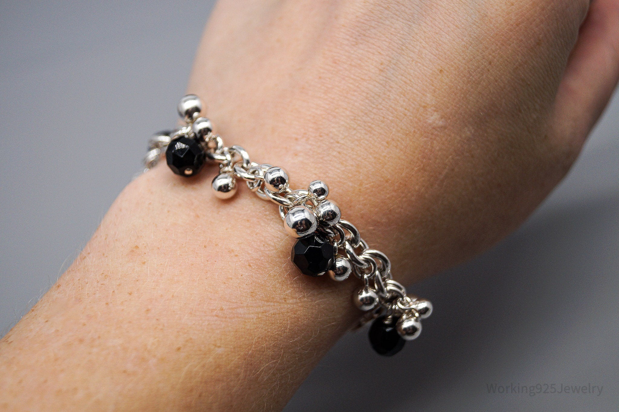 Vintage Black Onyx Sterling Silver Bracelet - 7 1/8"