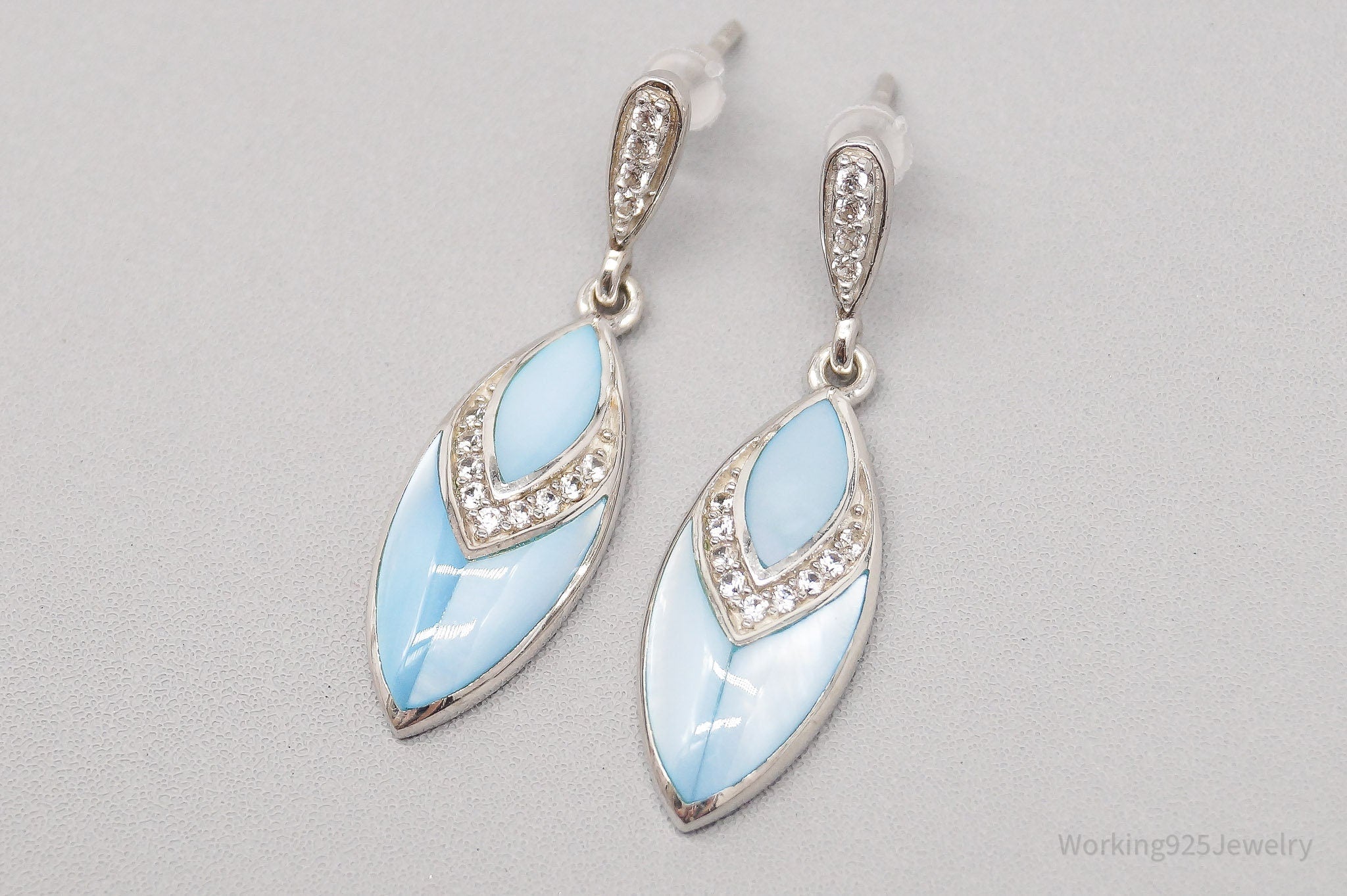 JTV Blue Mother Of Pearl & White Zircon Rhodium Over Sterling Silver Earrings