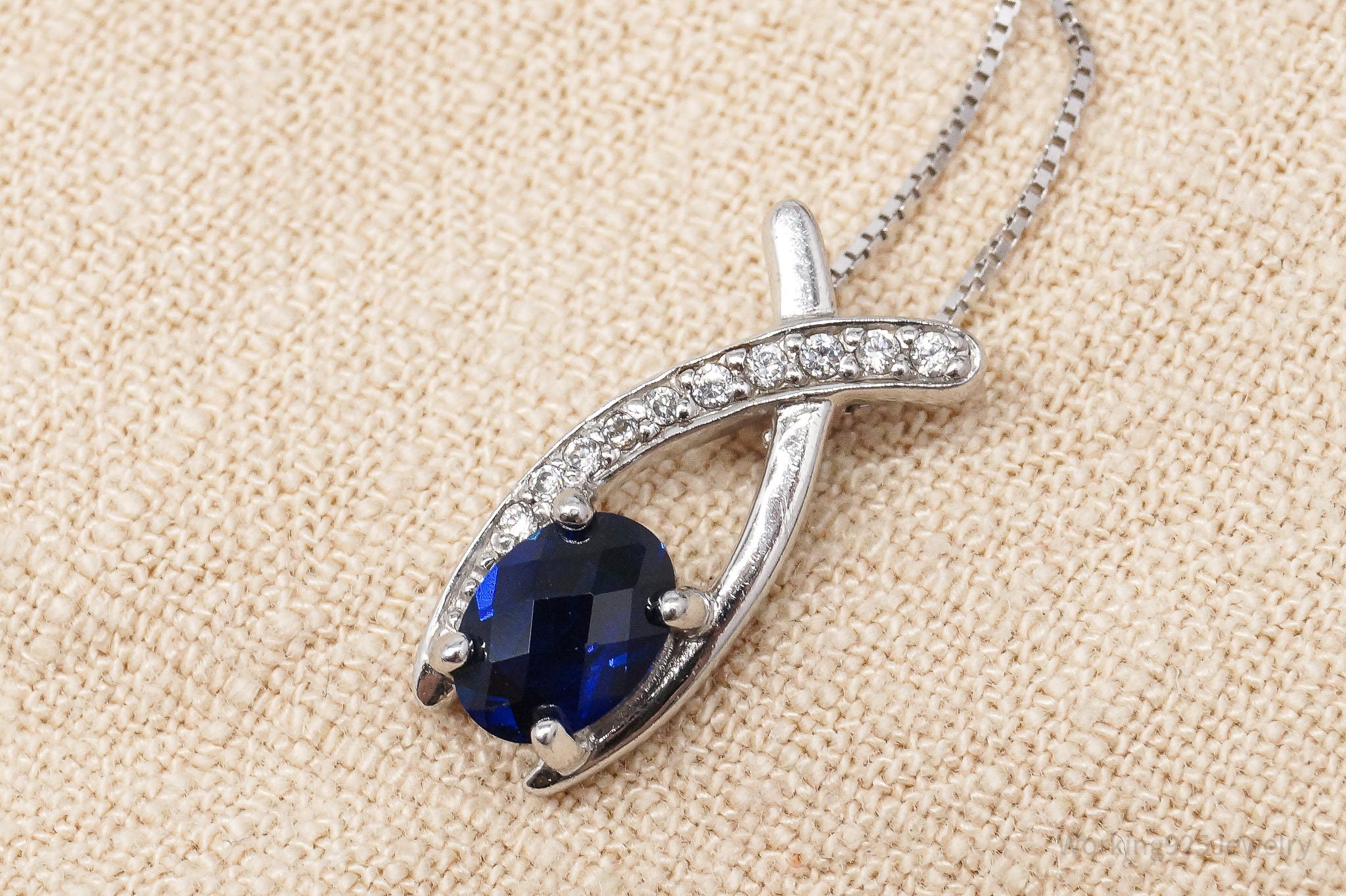 Vintage Lab Sapphire & Cubic Zirconia Sterling Silver Necklace 18"