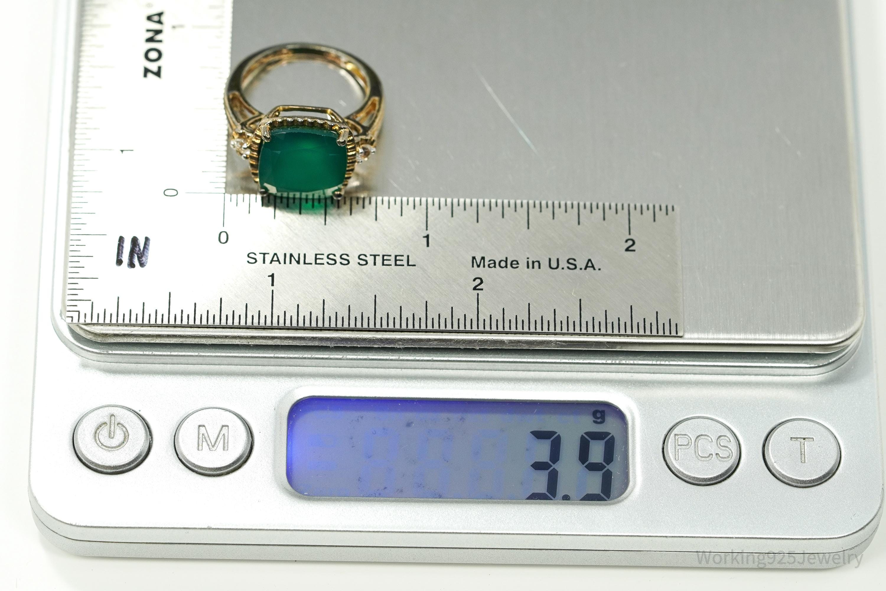 Vintage Green Onyx & Cubic Zirconia Gold Vermeil Sterling Silver Ring - Size 5.25