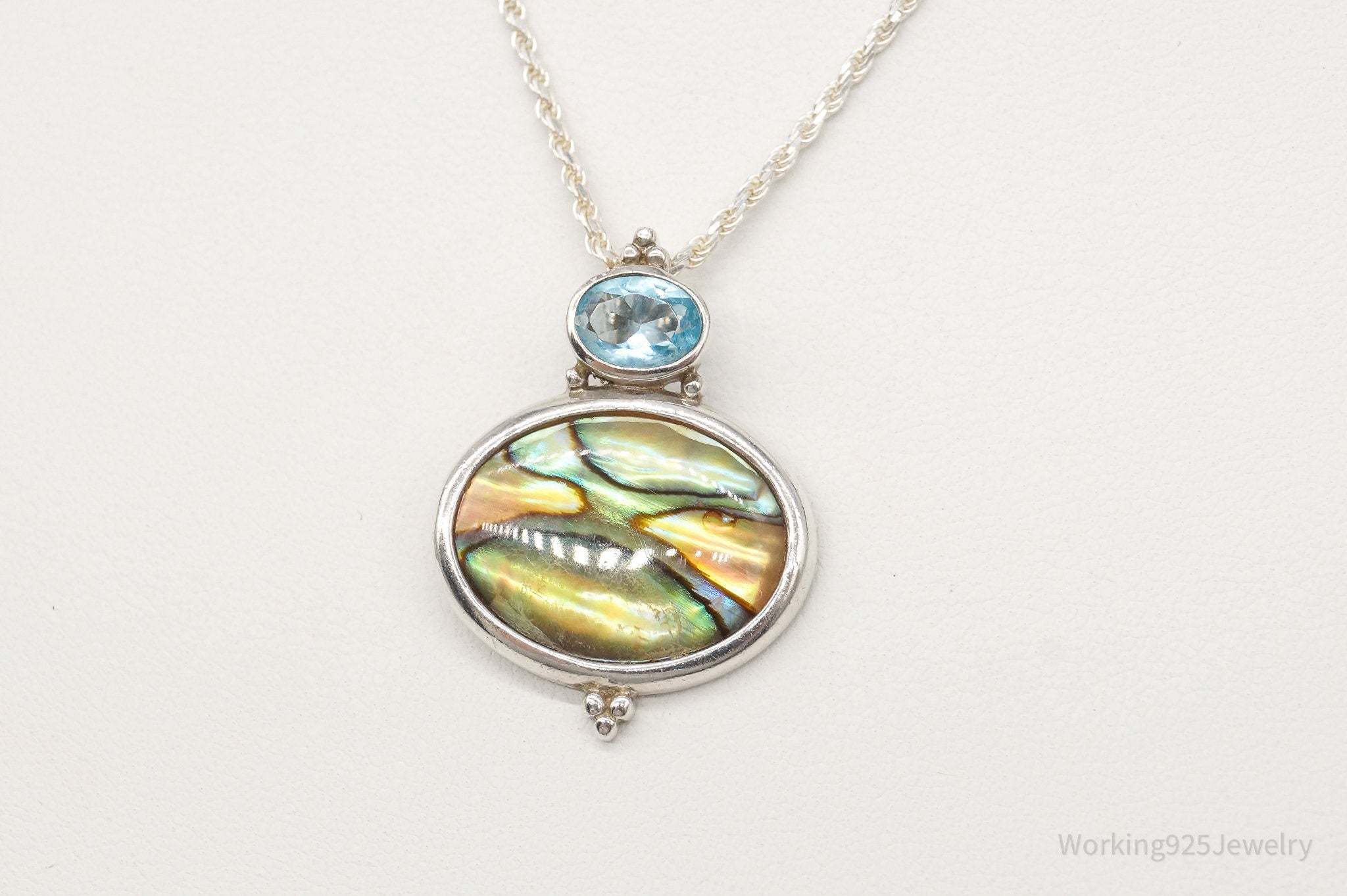 Vintage Paua Abalone Shell Blue Topaz Sterling Silver Necklace