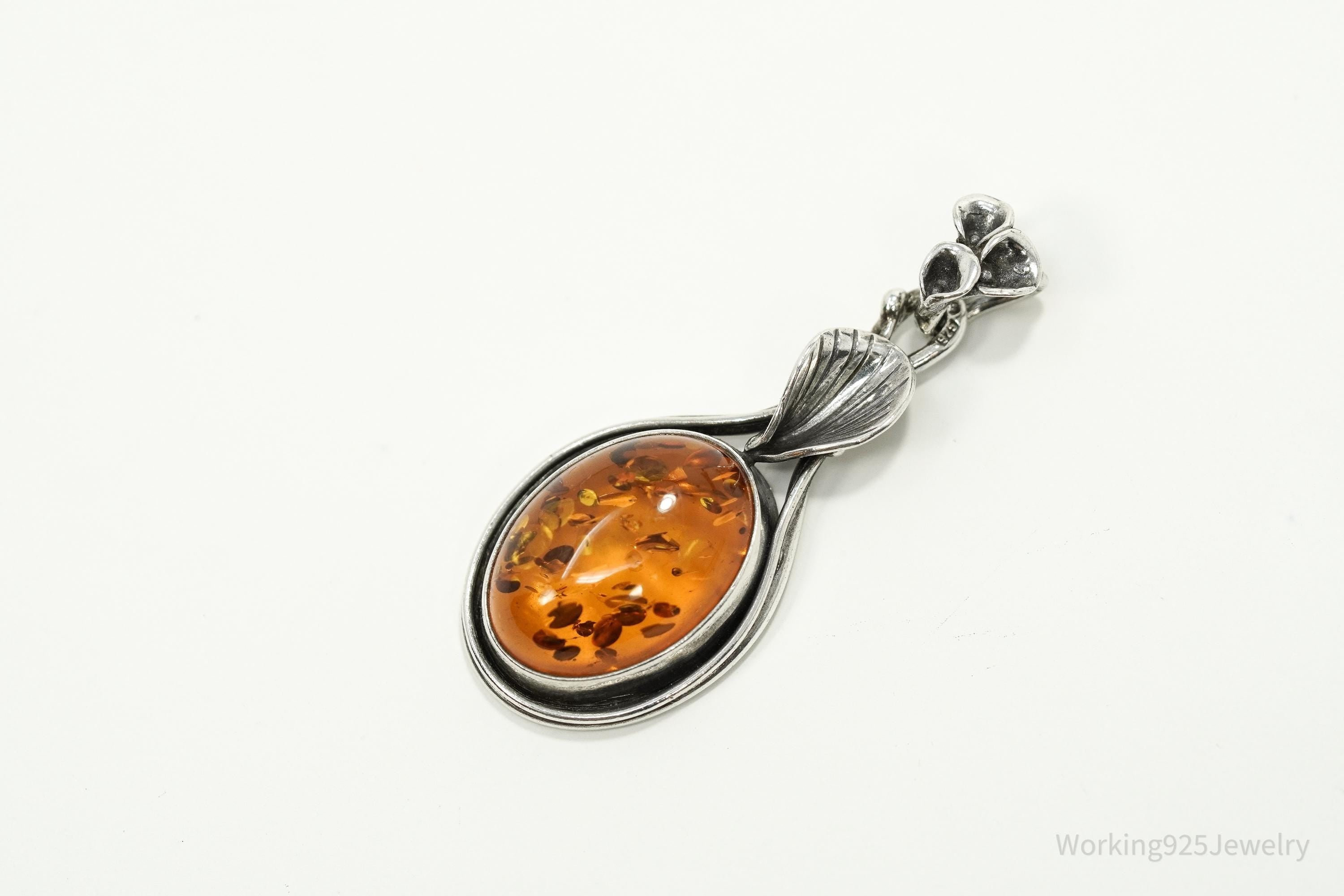 Vintage Sterling Silver Amber Pendant • Oval Cognac Baltic Gemstone Jewelry