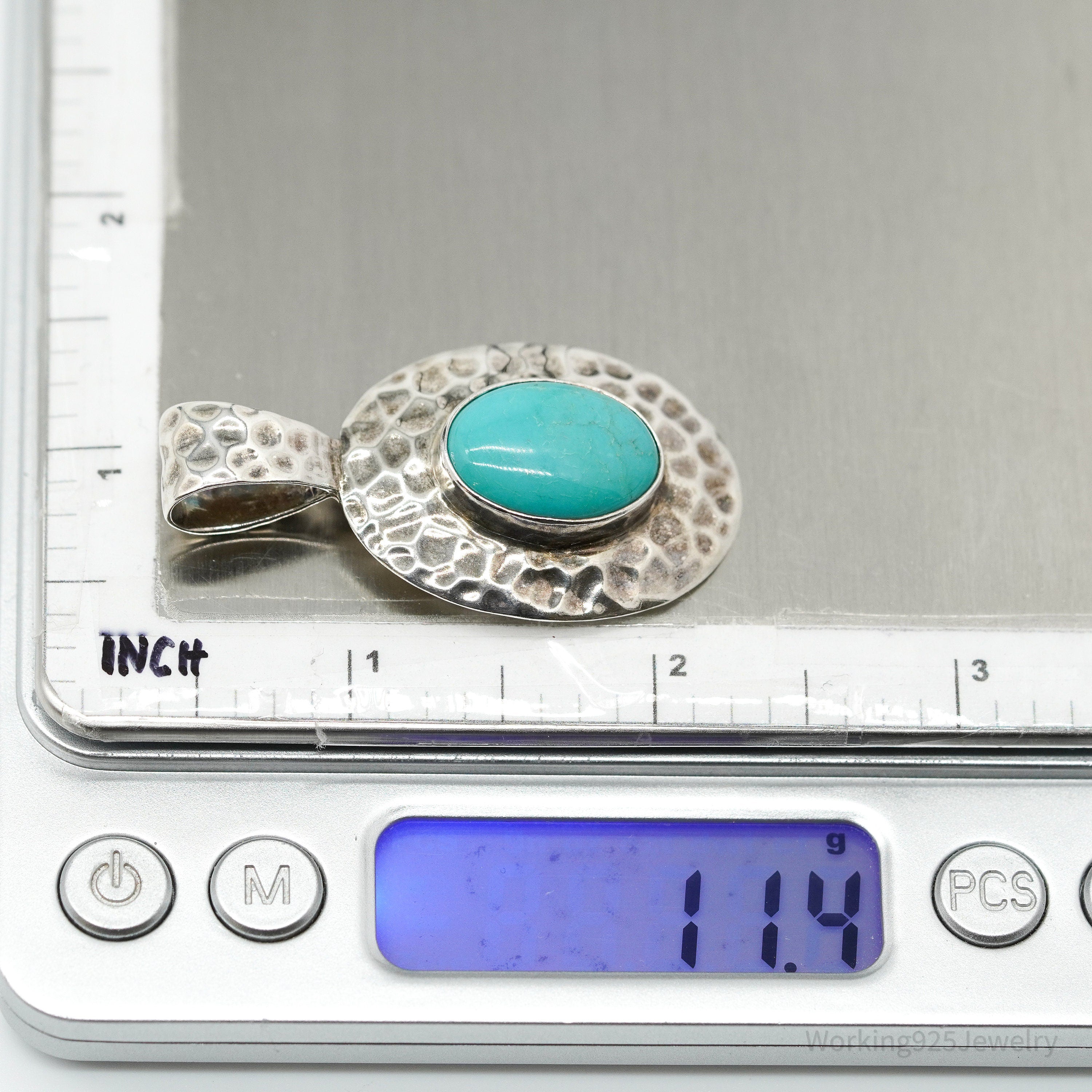 Vintage Large Blue Turquoise Sterling Silver Pendant 1 15/16"