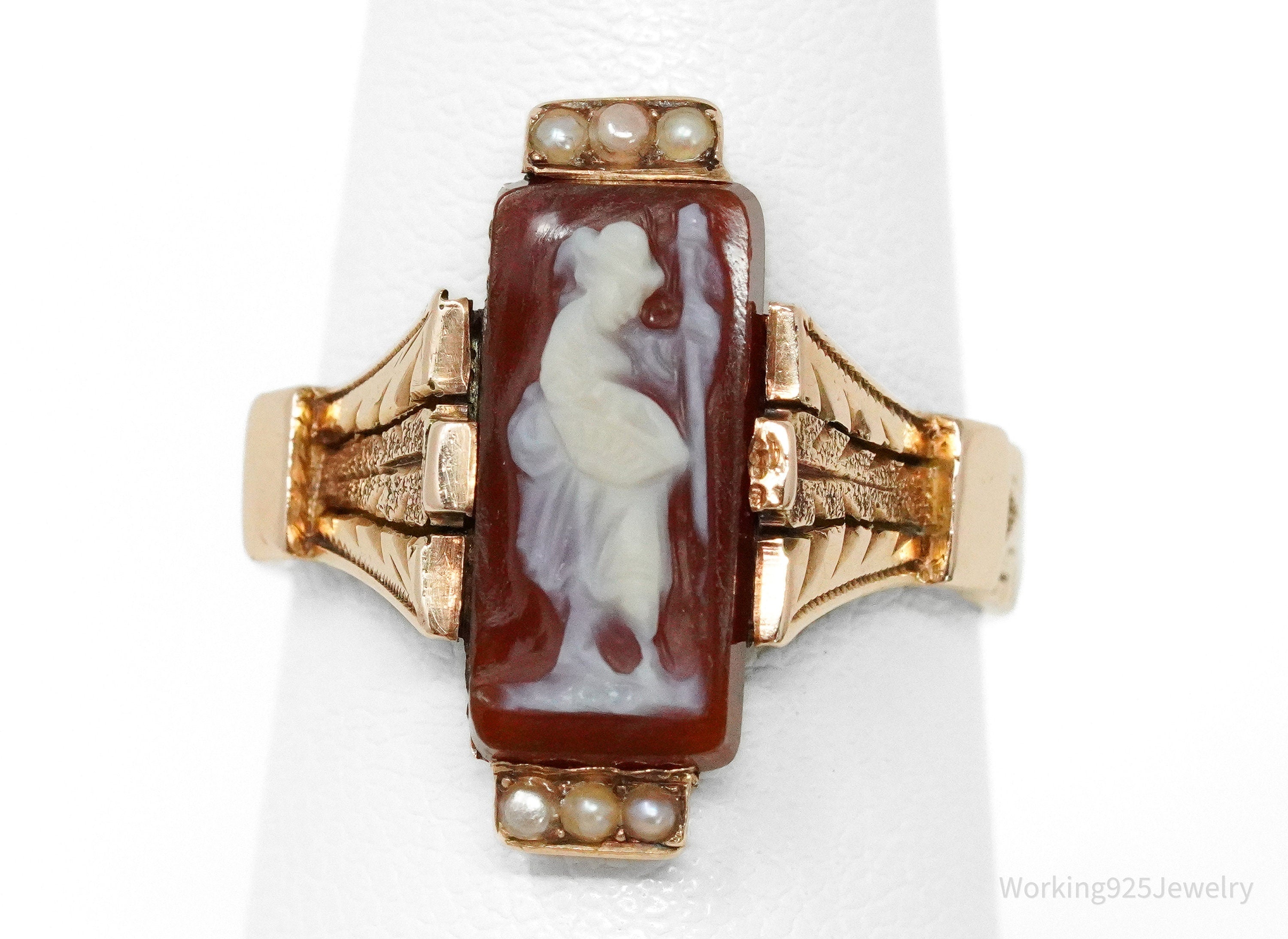 Antique 14K Rose Gold & Seed Pearls Cameo Ring - Size 6.5