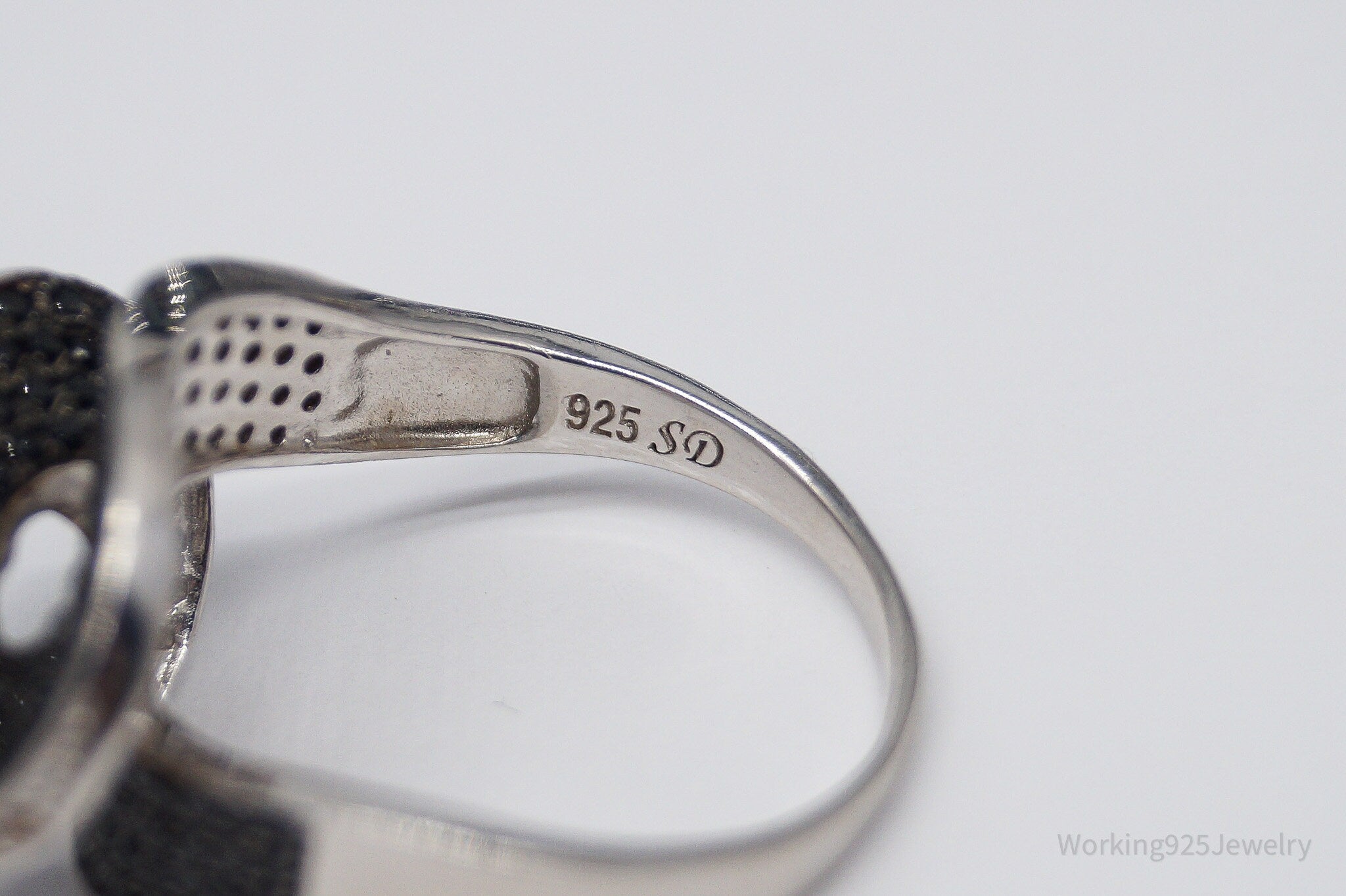 Vintage Black Tourmaline & White Topaz Sterling Silver Ring - Size 12