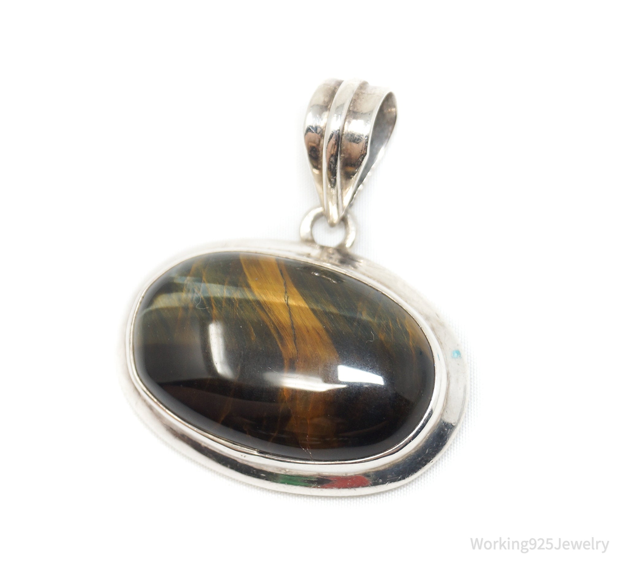 Vintage Southwestern Large Tigers Eye Sterling Silver Necklace Pendant