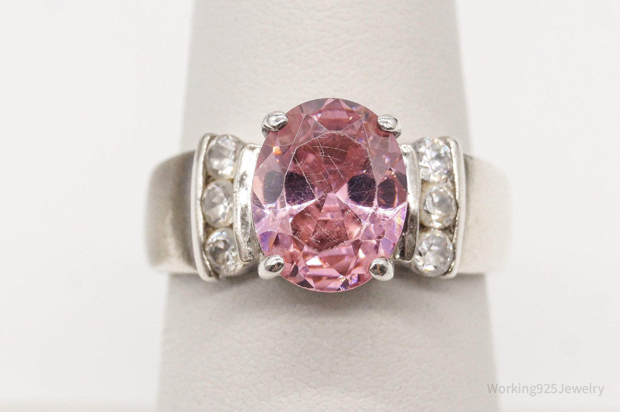 Vintage Pink & White Cubic Zirconia Sterling Silver Ring - Size 6.75