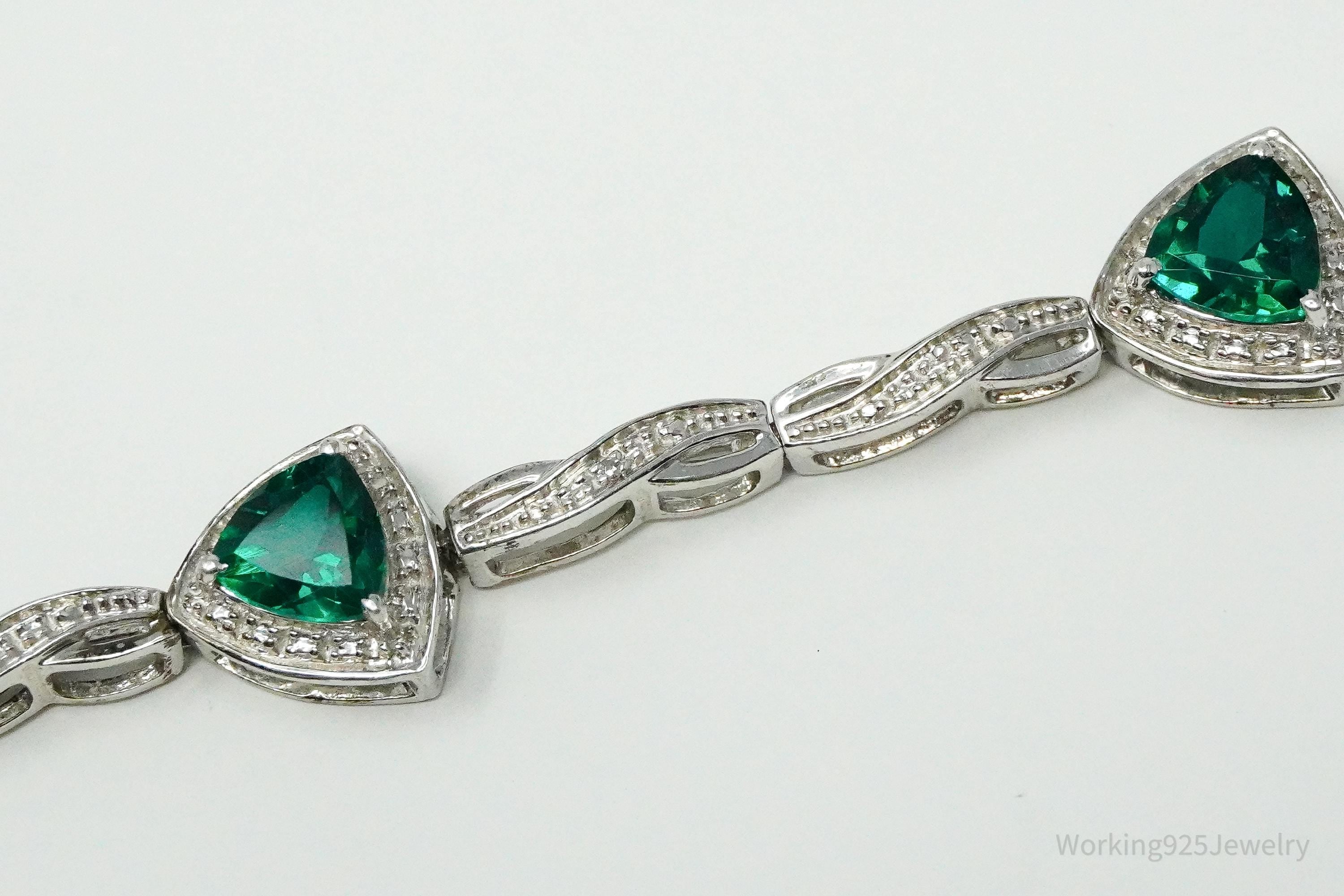 Vintage JWBR Lab Emerald & Single Diamond Sterling Silver Bracelet 7.25"