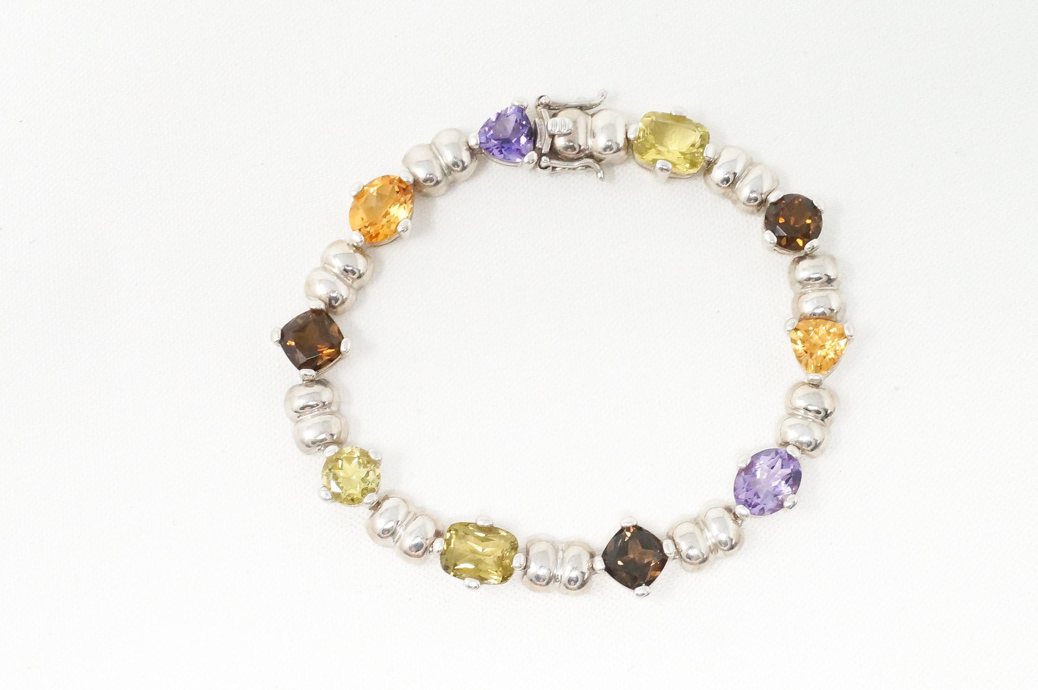 Vintage Multi Gem Amethyst Smoky Topaz Citrine Peridot Sterling Silver Bracelet