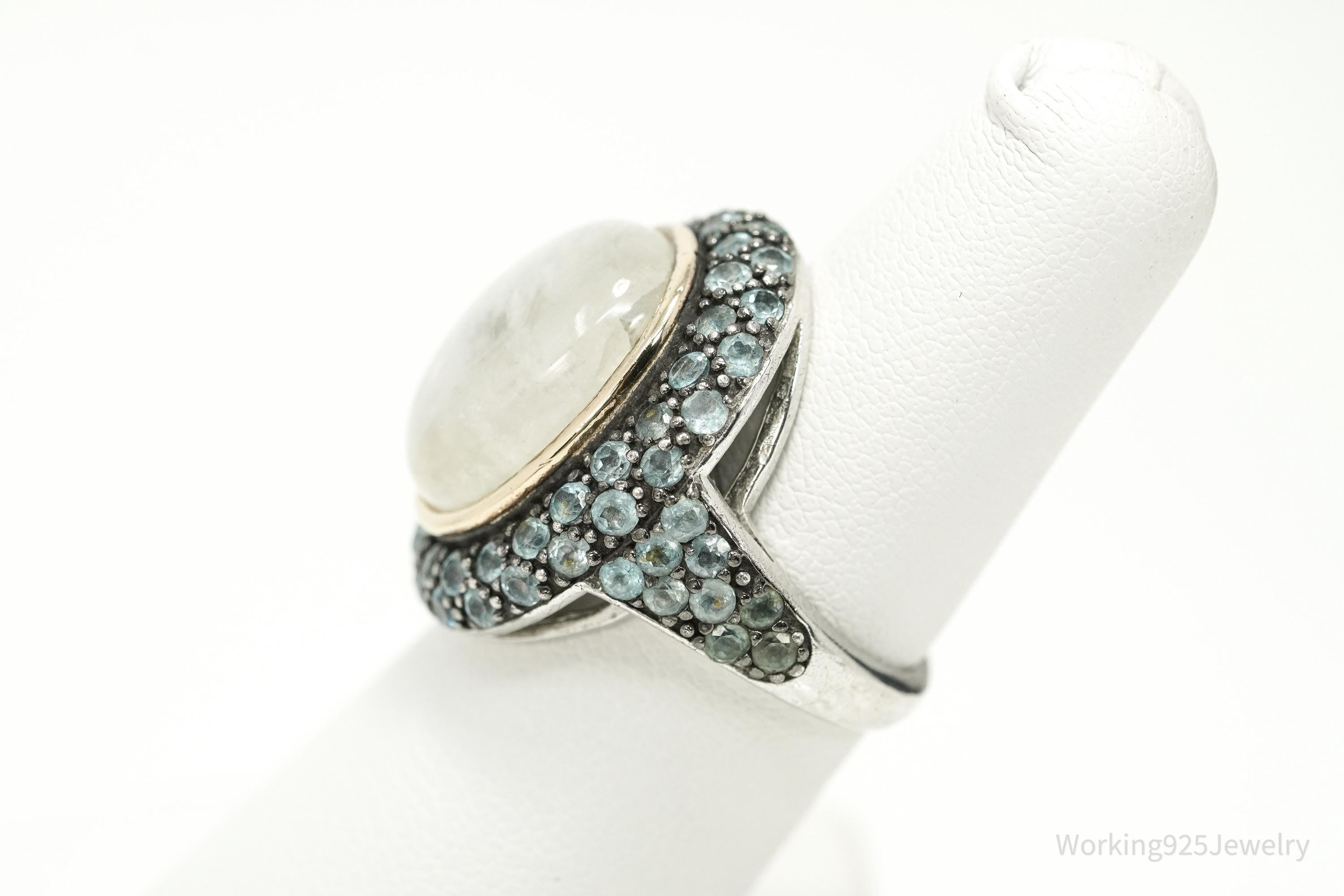 Vintage White Labradorite Moonstone & Blue Topaz 14K Sterling Silver Ring 5.75