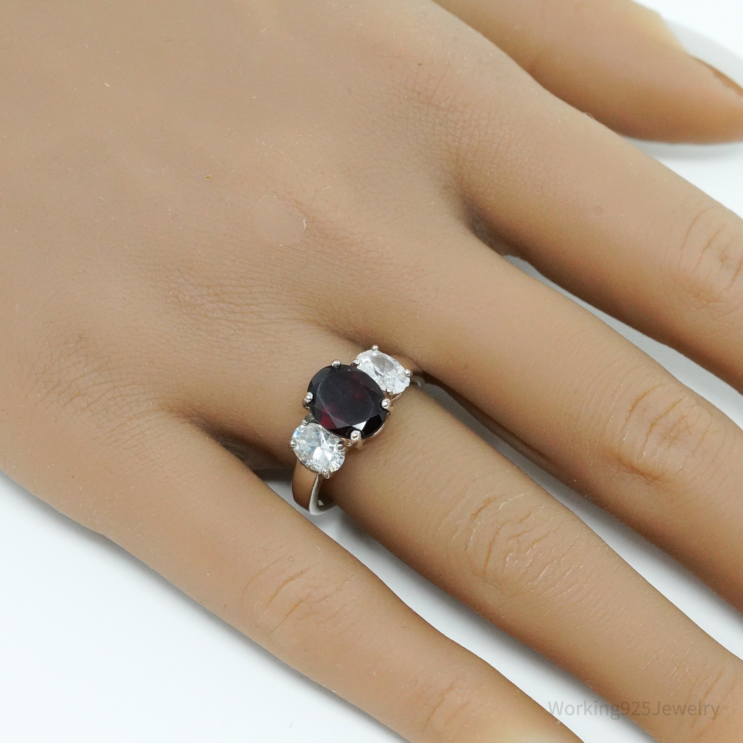 Vintage Garnet Cubic Zirconia Sterling Silver Ring - Size 7.75