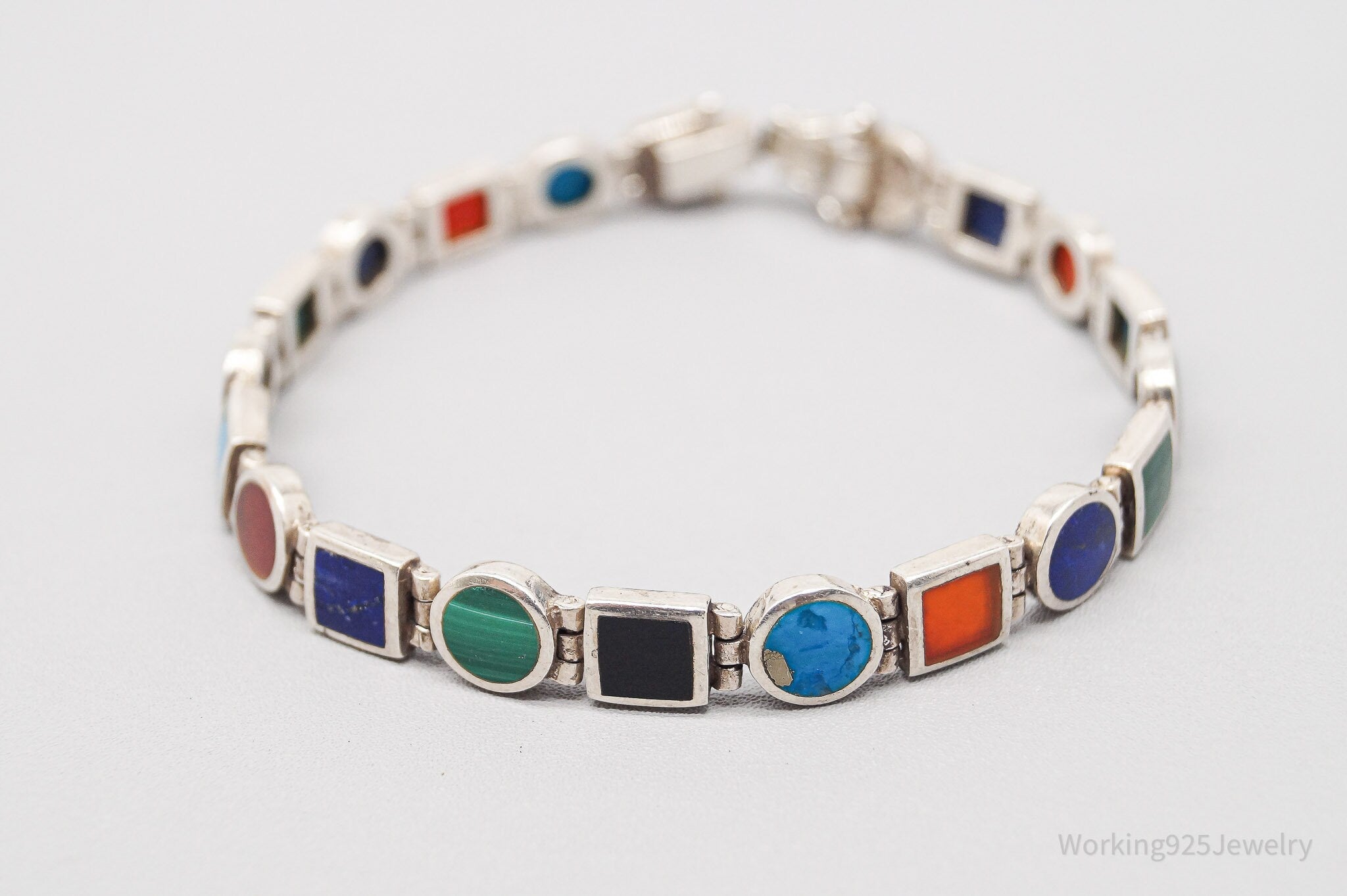 Vintage Multi Gemstone Inlay Sterling Silver Bracelet 8"