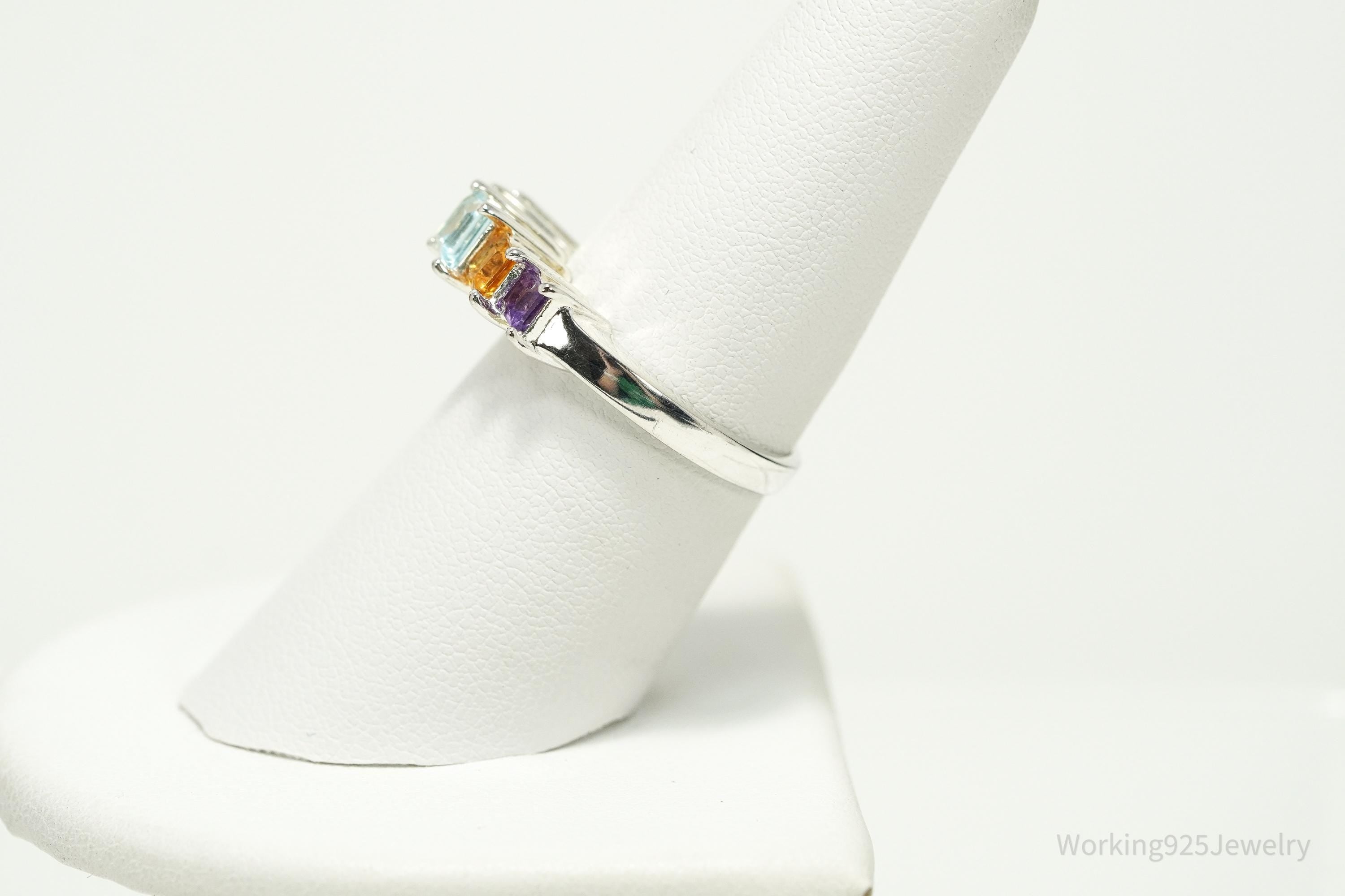 Vintage Rainbow Multi Gemstone Sterling Silver Band Ring – Size 7