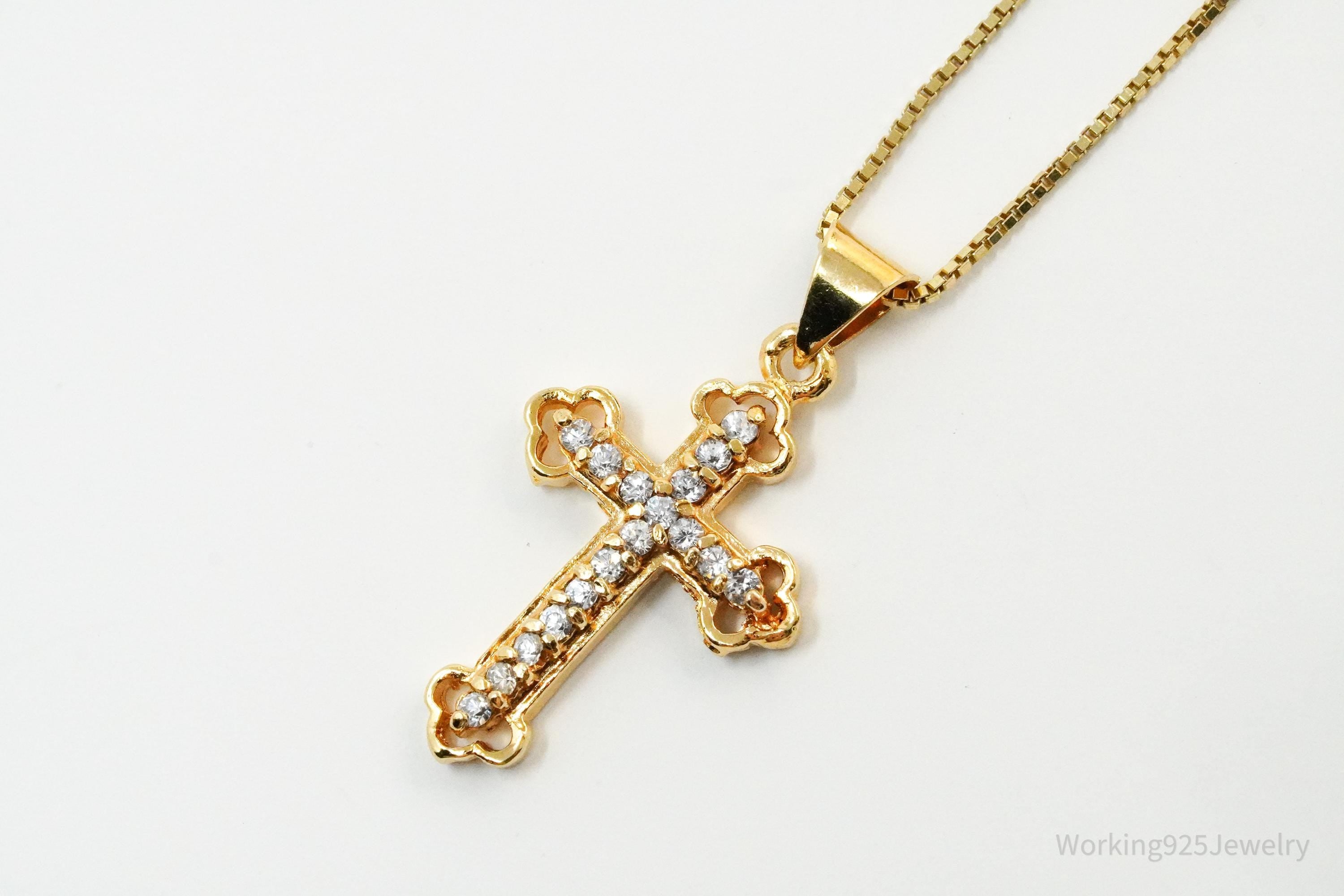 Vintage Cubic Zirconia Gold Over Sterling Silver Cross Necklace 22"