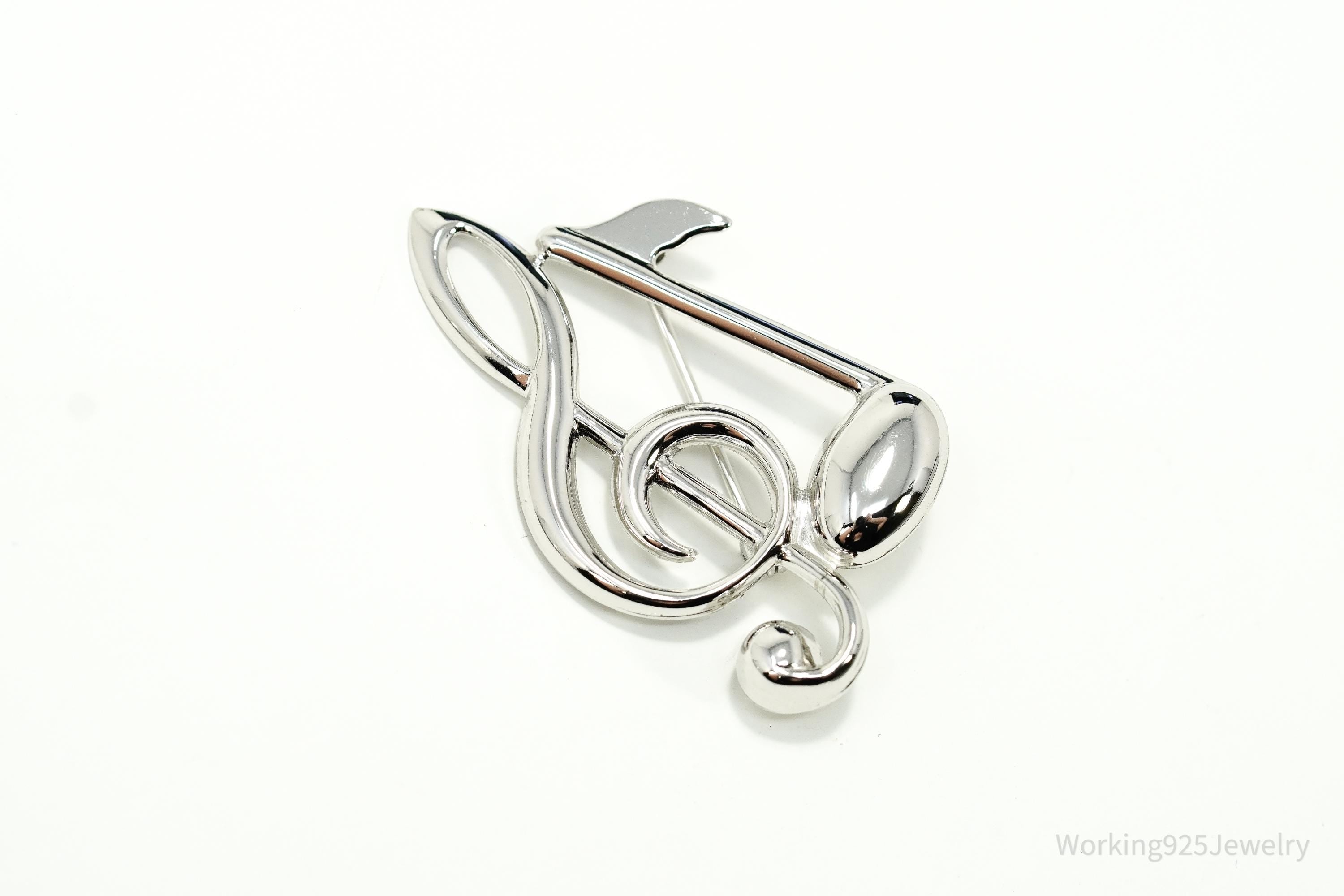 Vintage Puffy Music Notes Sterling Silver Brooch Pin