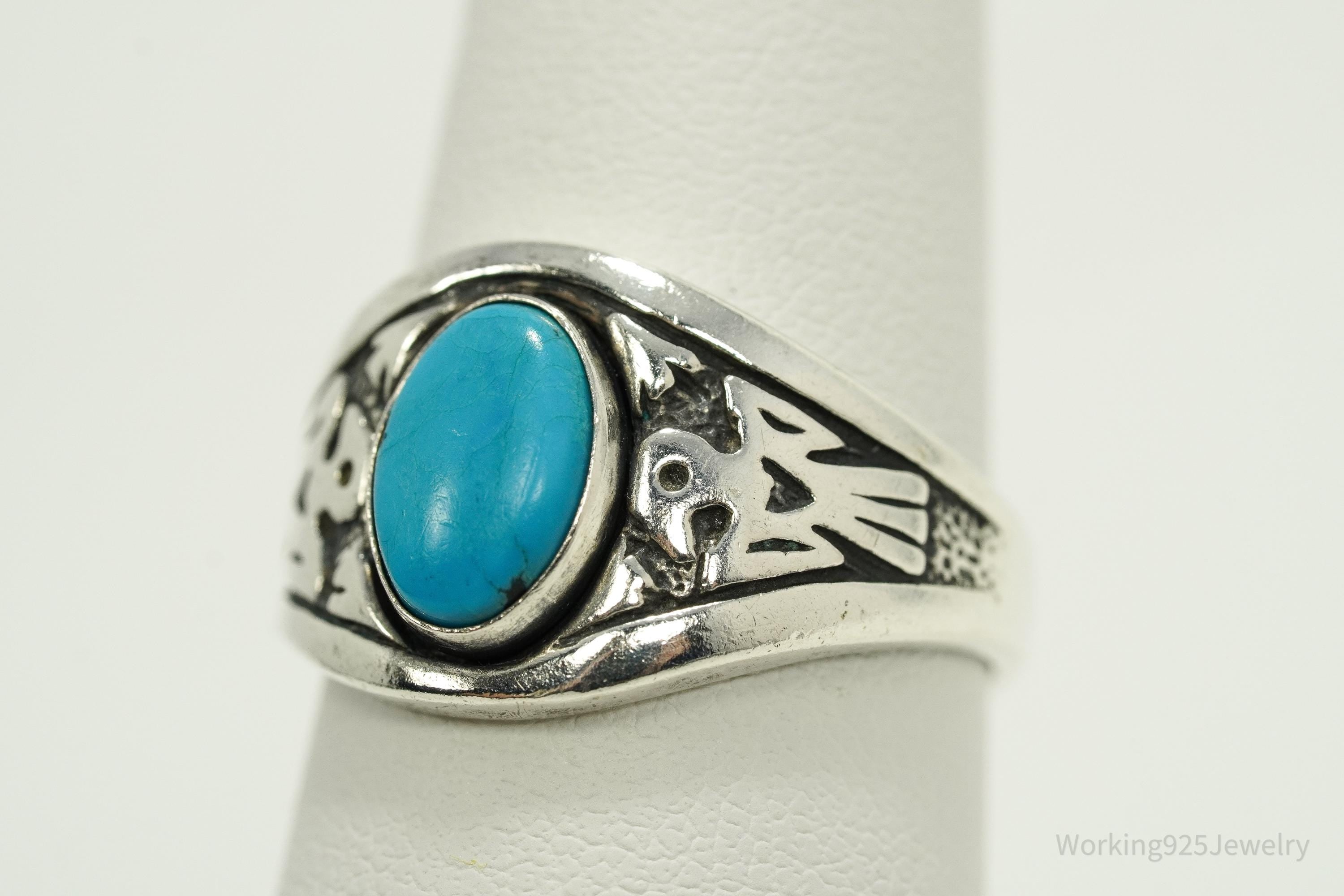 Vintage WMCO Turquoise ThunderBird Design Sterling Silver Ring - Size 8