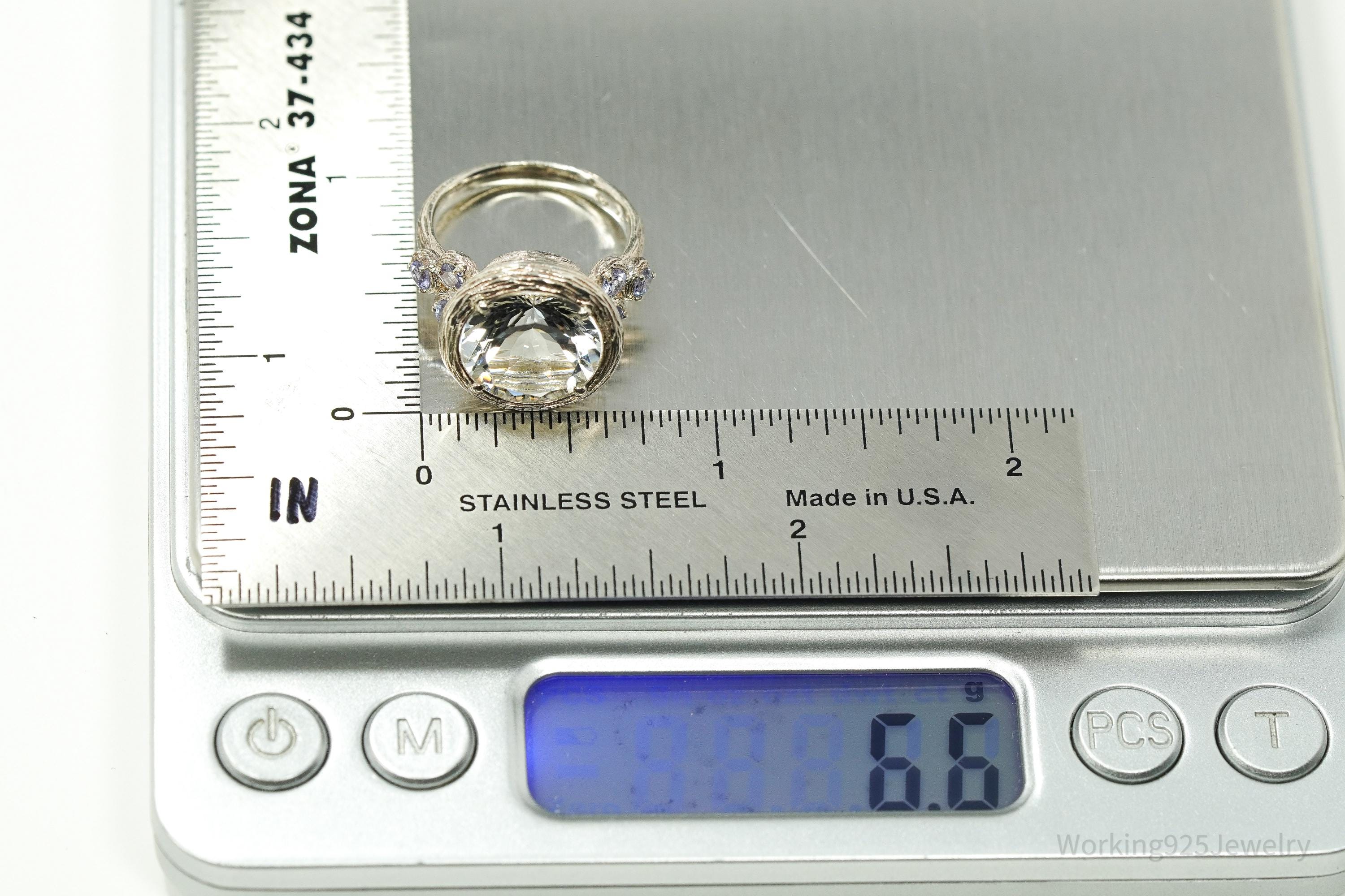 Vintage Israel Designer Paz PZ Clear Quartz & Tanzanite Sterling Silver Ring - Size 6.25