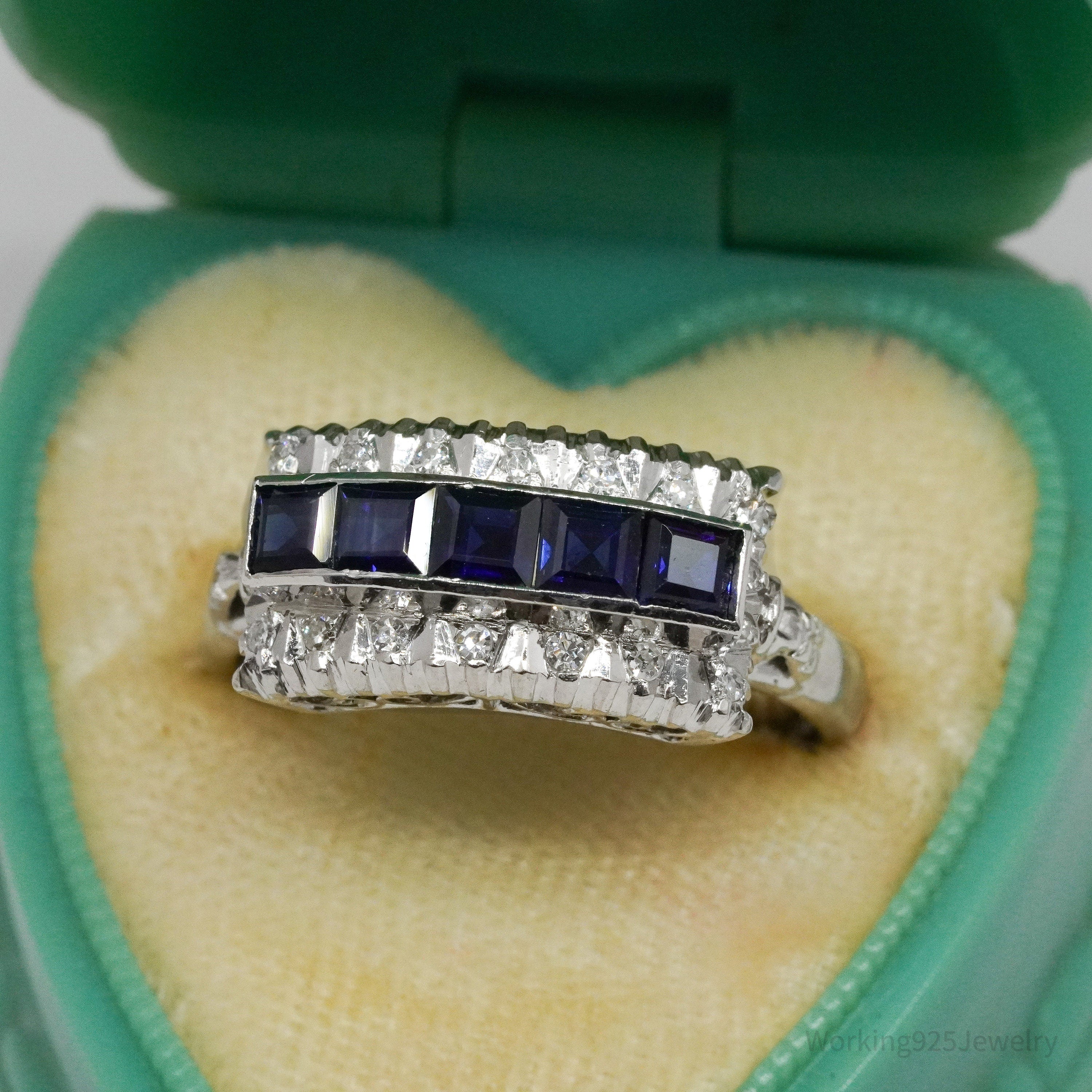 Art Deco Palladium 18K White Gold, Diamonds and Sapphires Ring Size - 8.75