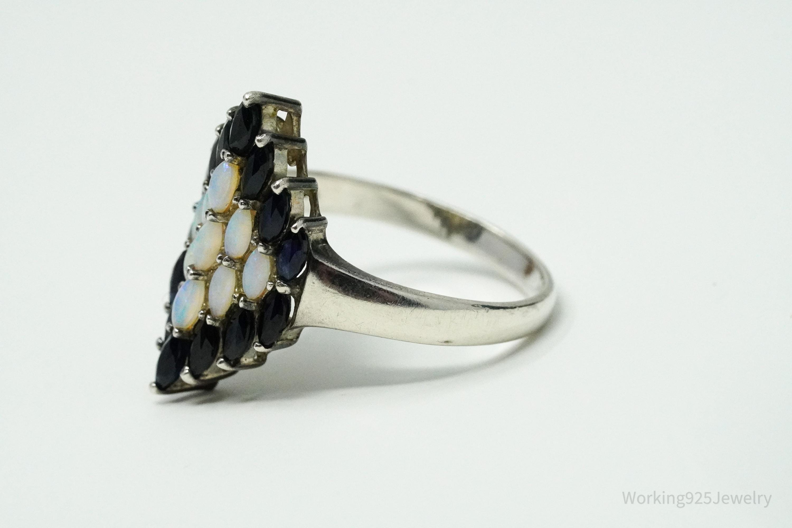Vintage CNA Opal & Blue Sapphire Sterling Silver Ring - Size 9