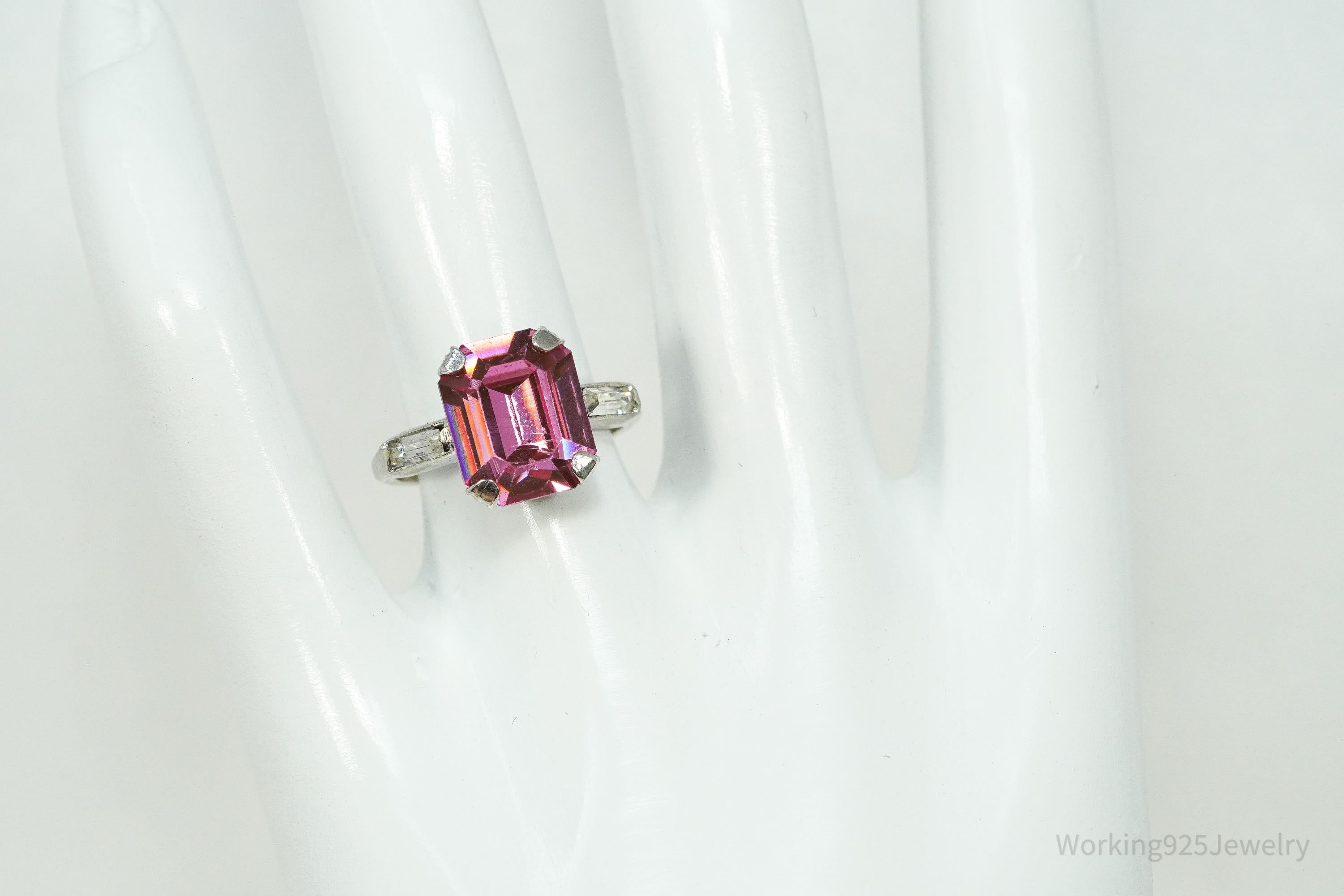 Mid Century Uncas MFG Co Pink & White Stones Sterling Silver Ring - Size 6.5