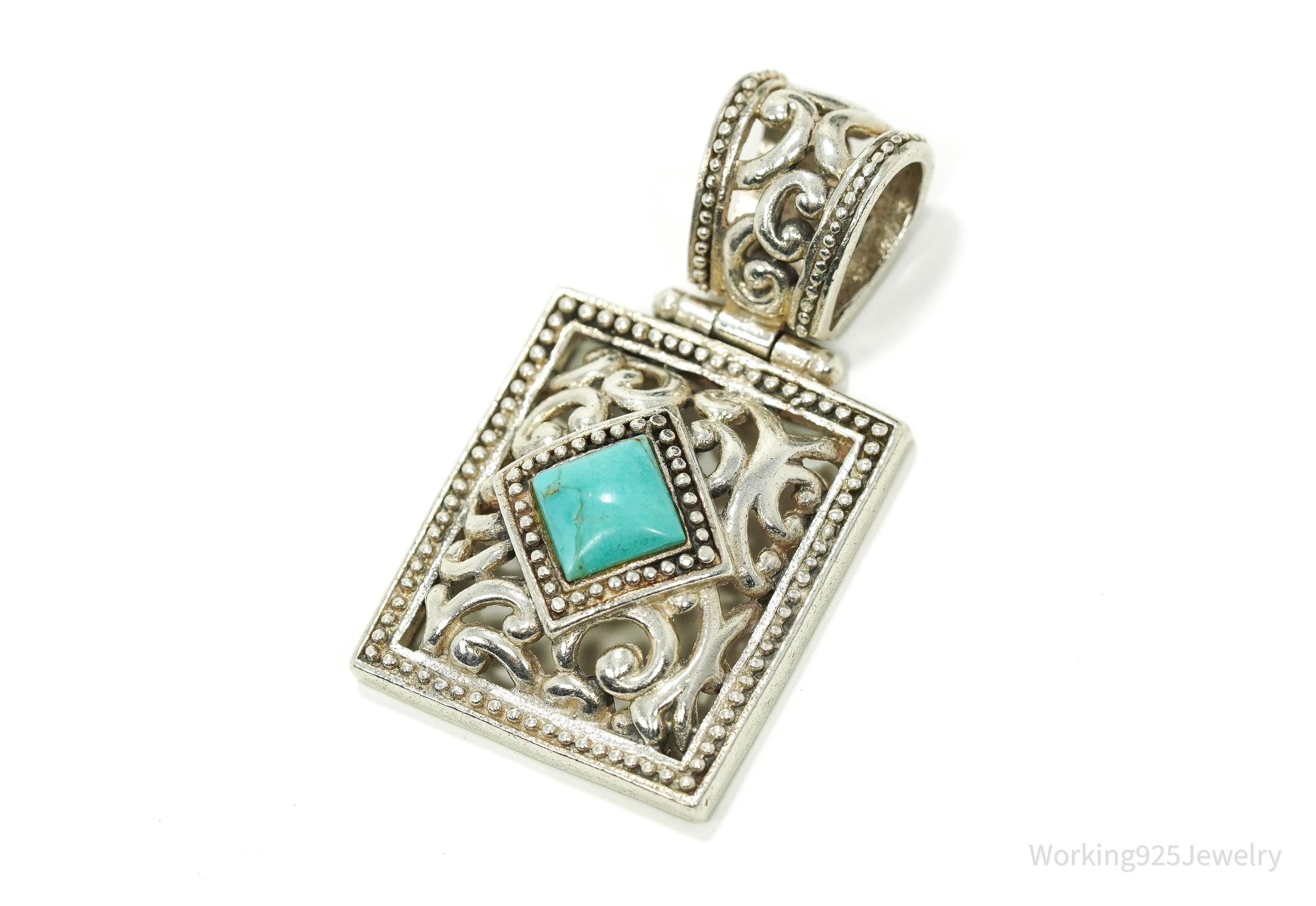 Large Vintage Turquoise Filigree Sterling Silver Necklace Pendant 1 5/8"