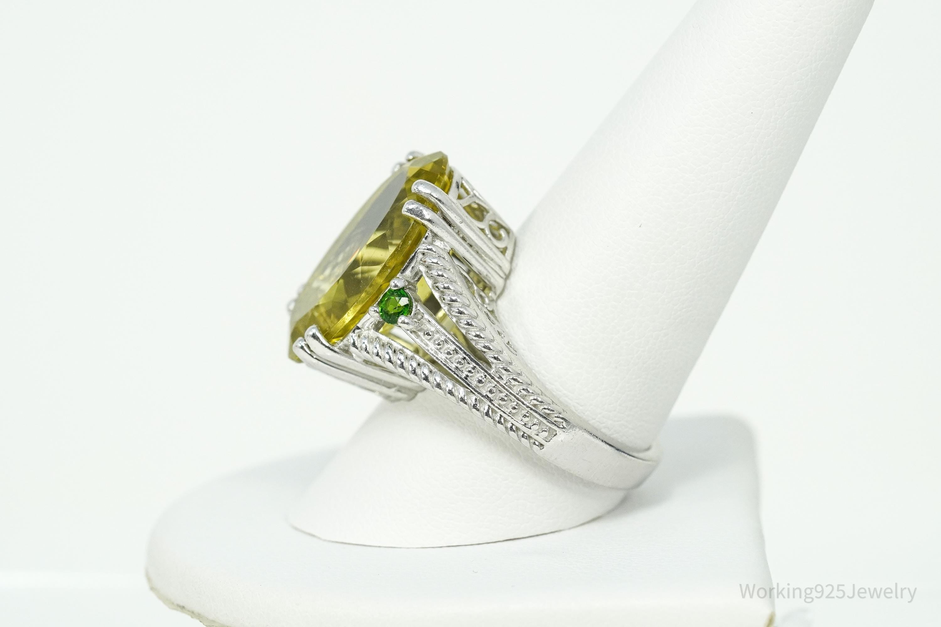 Vintage Large Lemon Quartz & Green Chrome Diopside Sterling Silver Ring Size 10