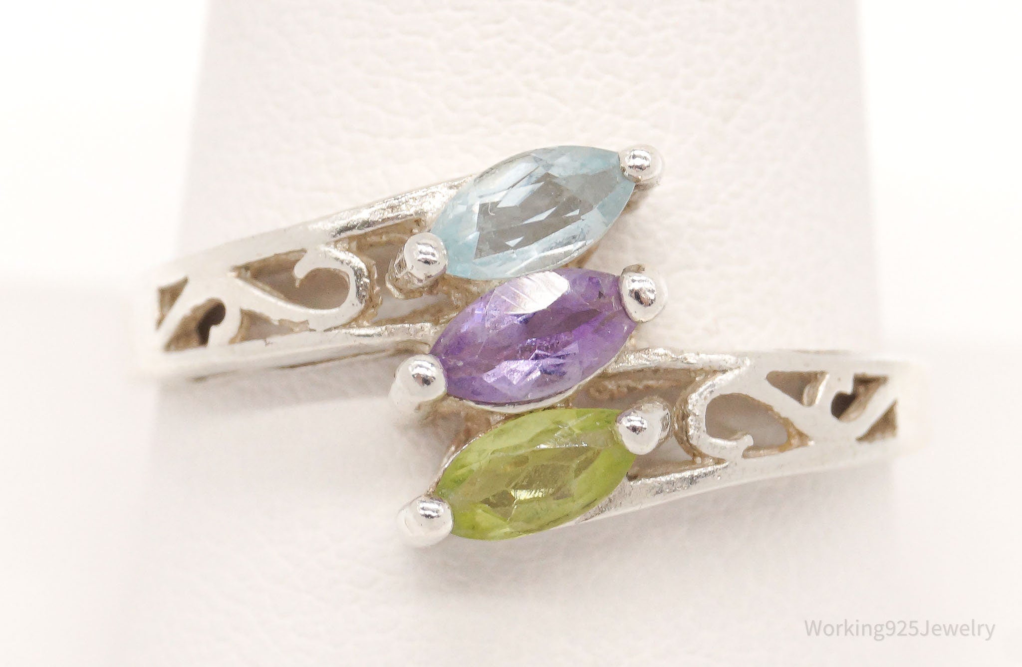 Vintage Peridot Blue Topaz Amethyst Sterling Silver Ring - Size 10.25