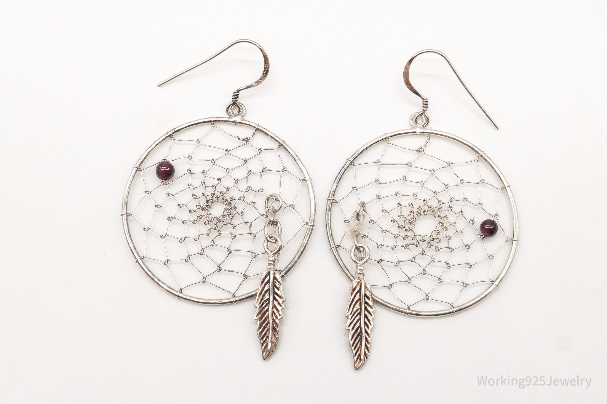 Vintage Native American Rhodolite Garnet Dream Catcher Sterling Silver Earrings