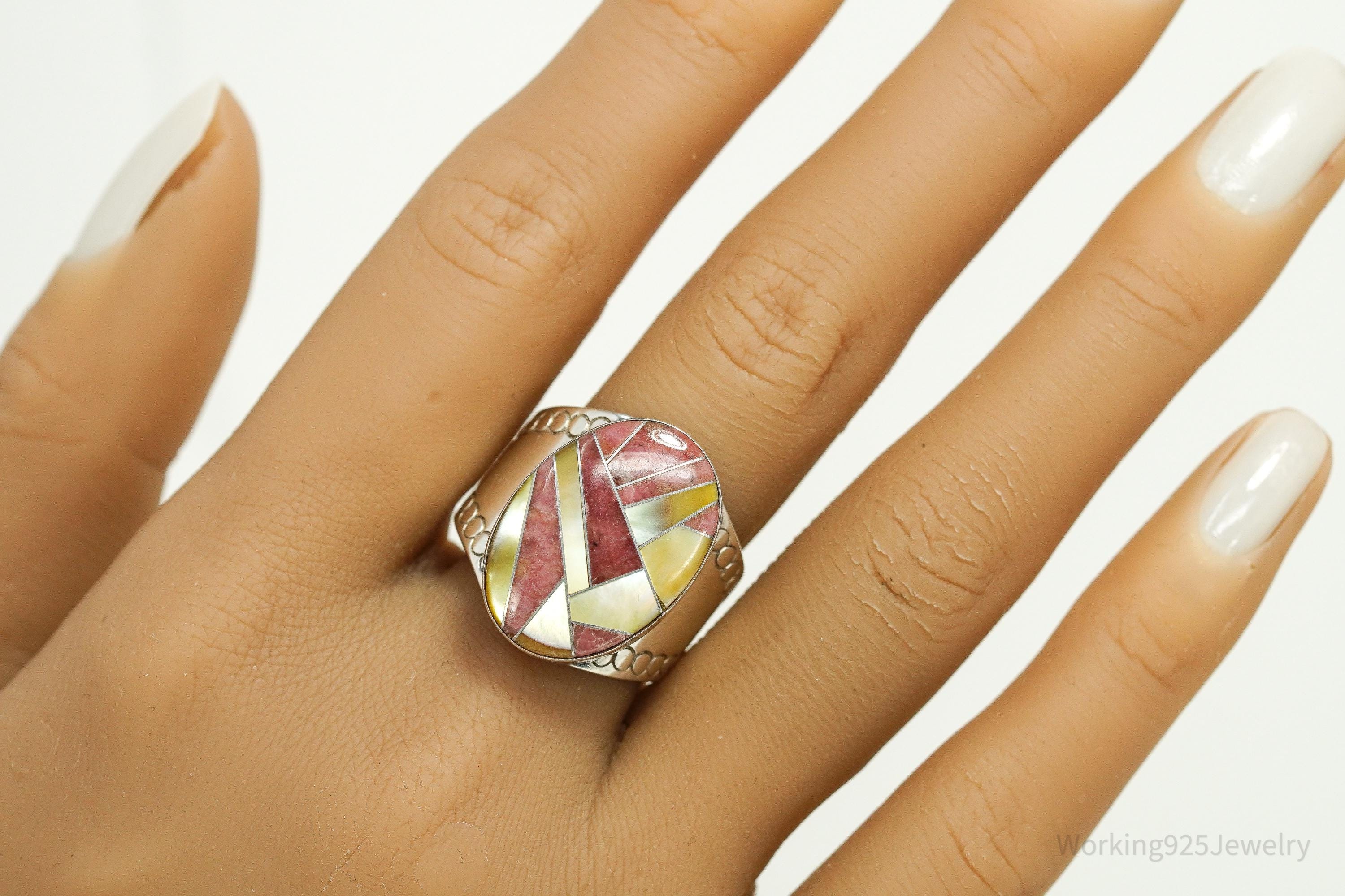 Vintage JAY KING Rhodonite & Mother Of Pearl Inlay Sterling Silver Ring - Size 10.25