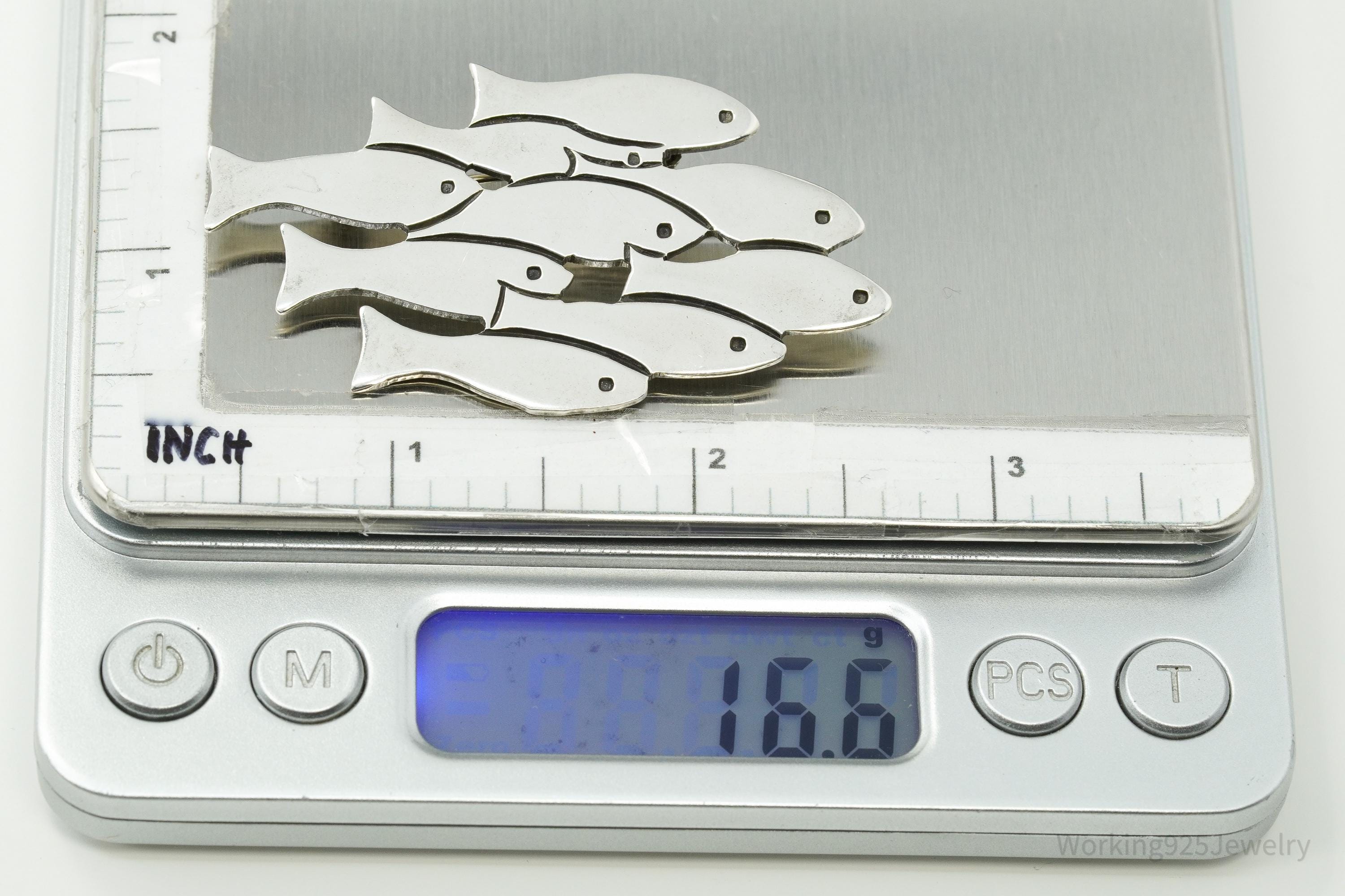 Large Vintage Mexico School Of Fish Sterling Silver Brooch Pin