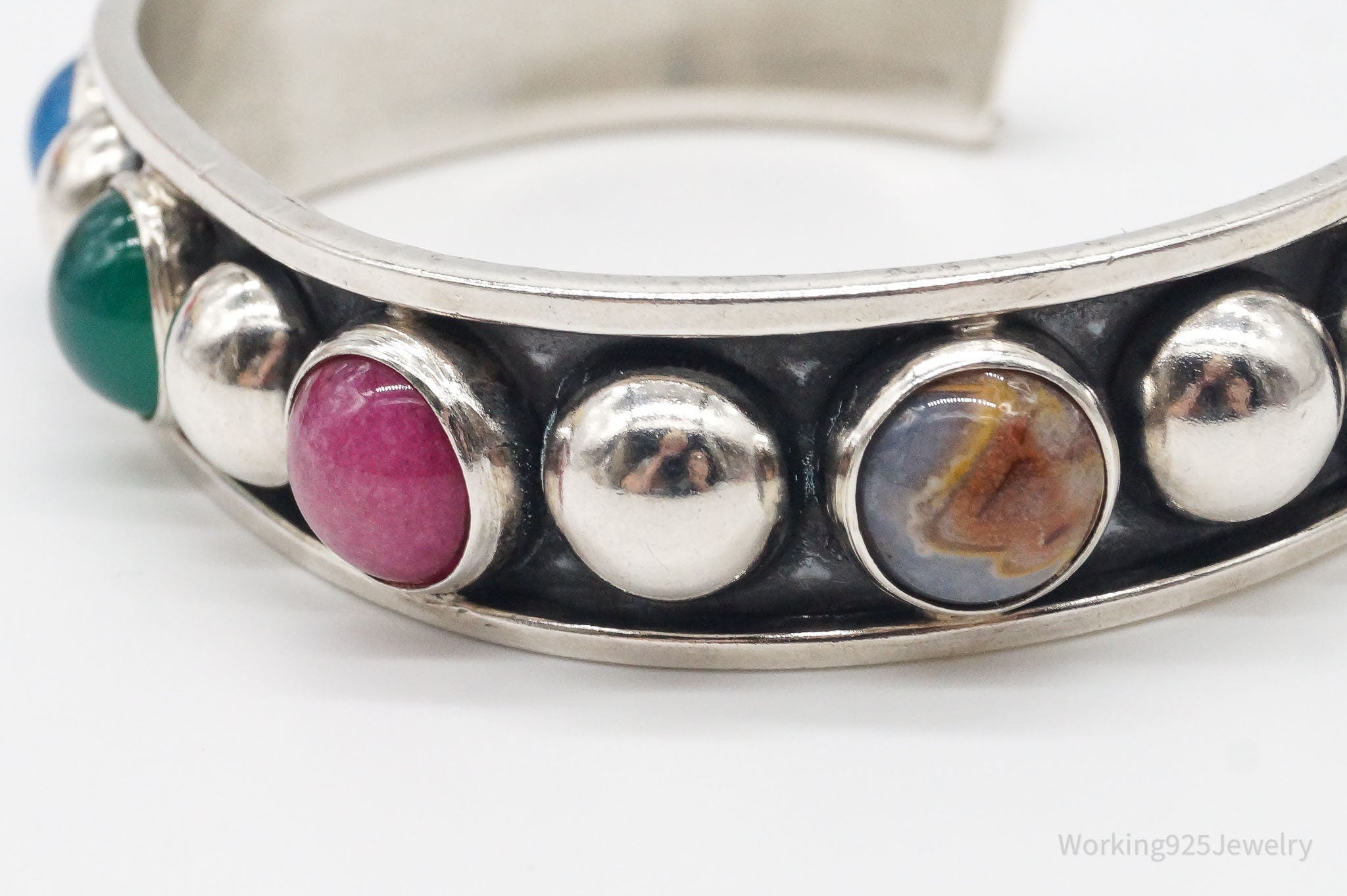 Vintage Mexico Multi Gemstone Sterling Silver Cuff Bracelet