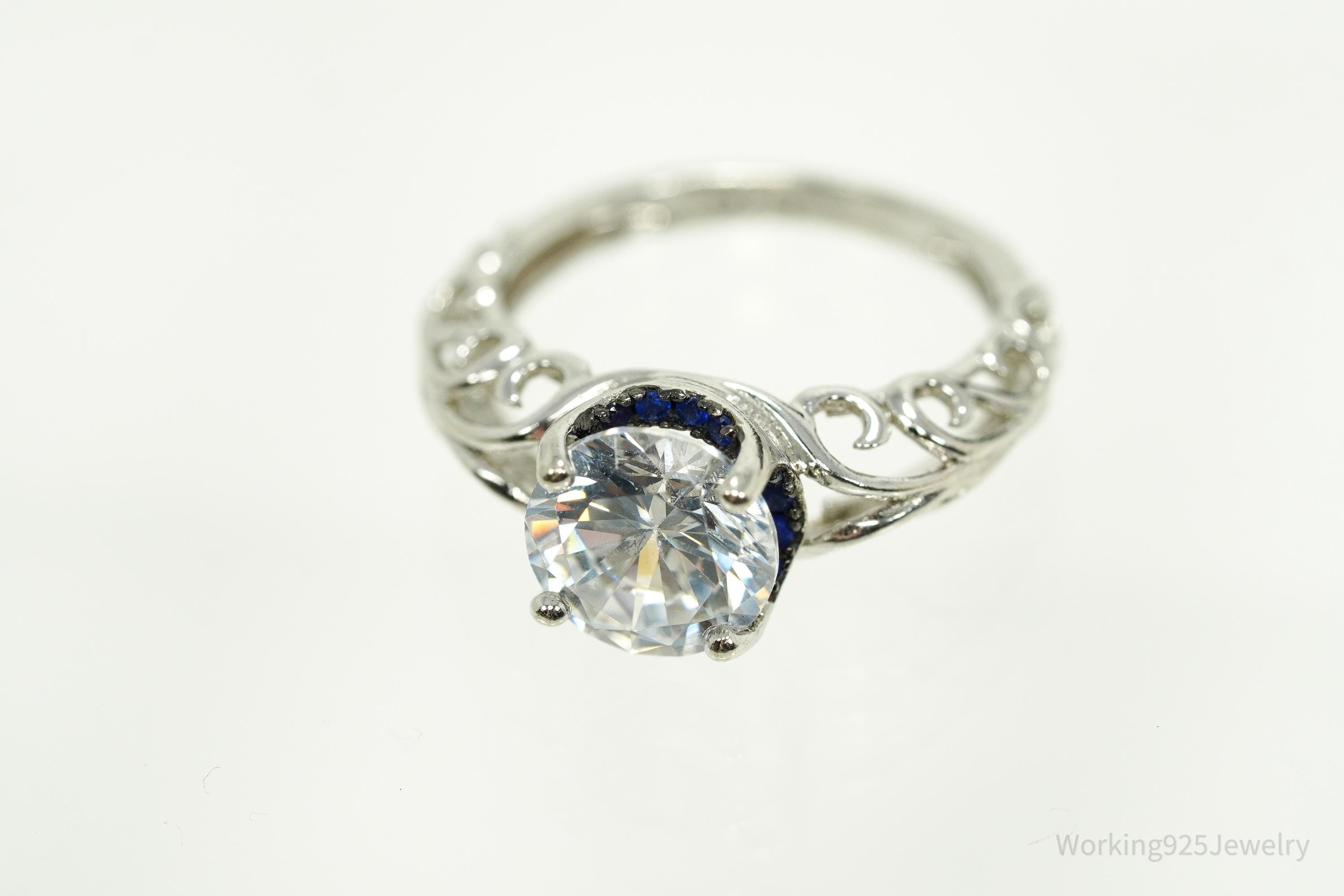 White Cubic Zirconia & Blue Spinel Sterling Silver Ring - Size 5