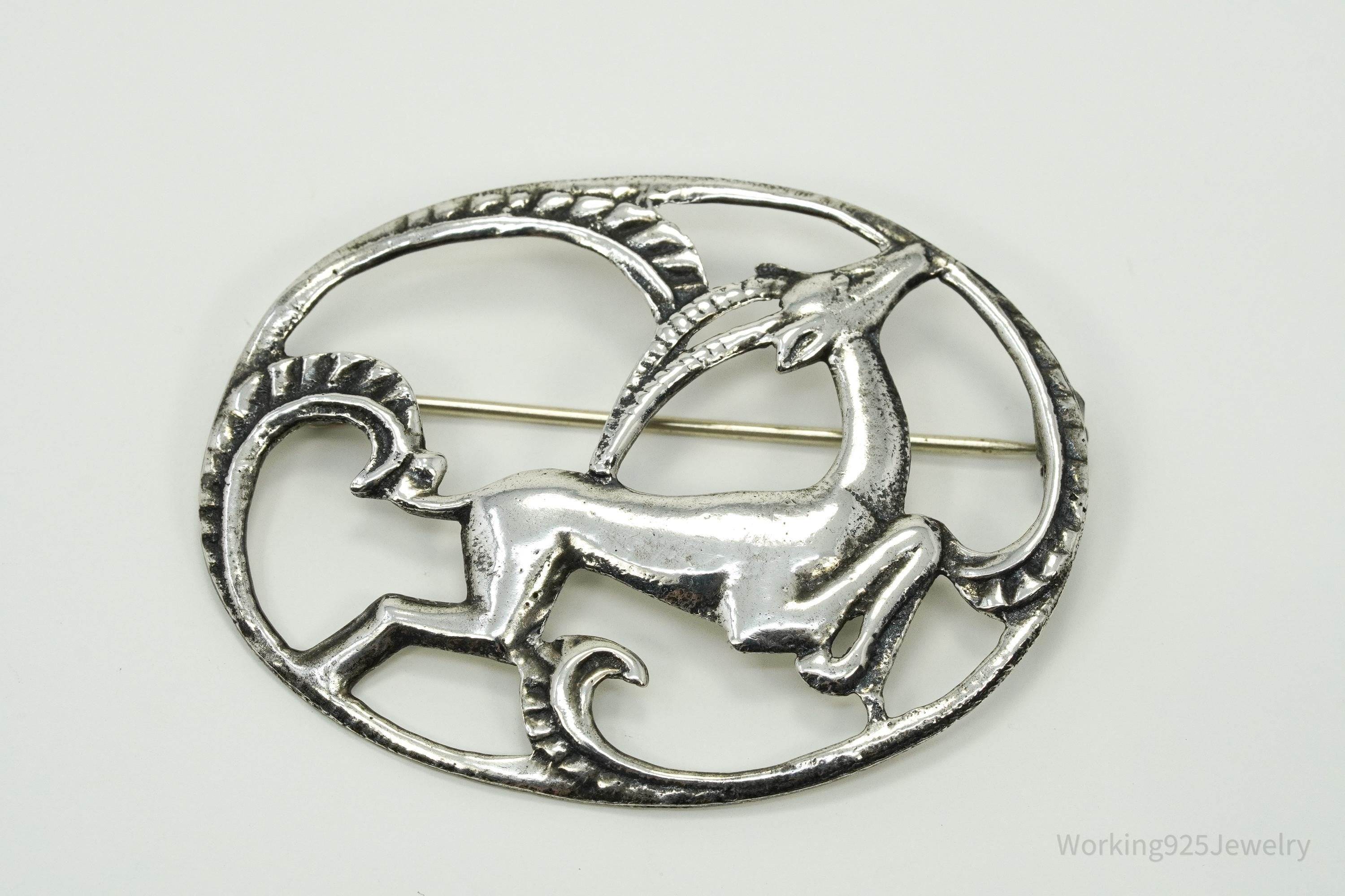 Large Antique Gazelle Sterling Silver Brooch Pin