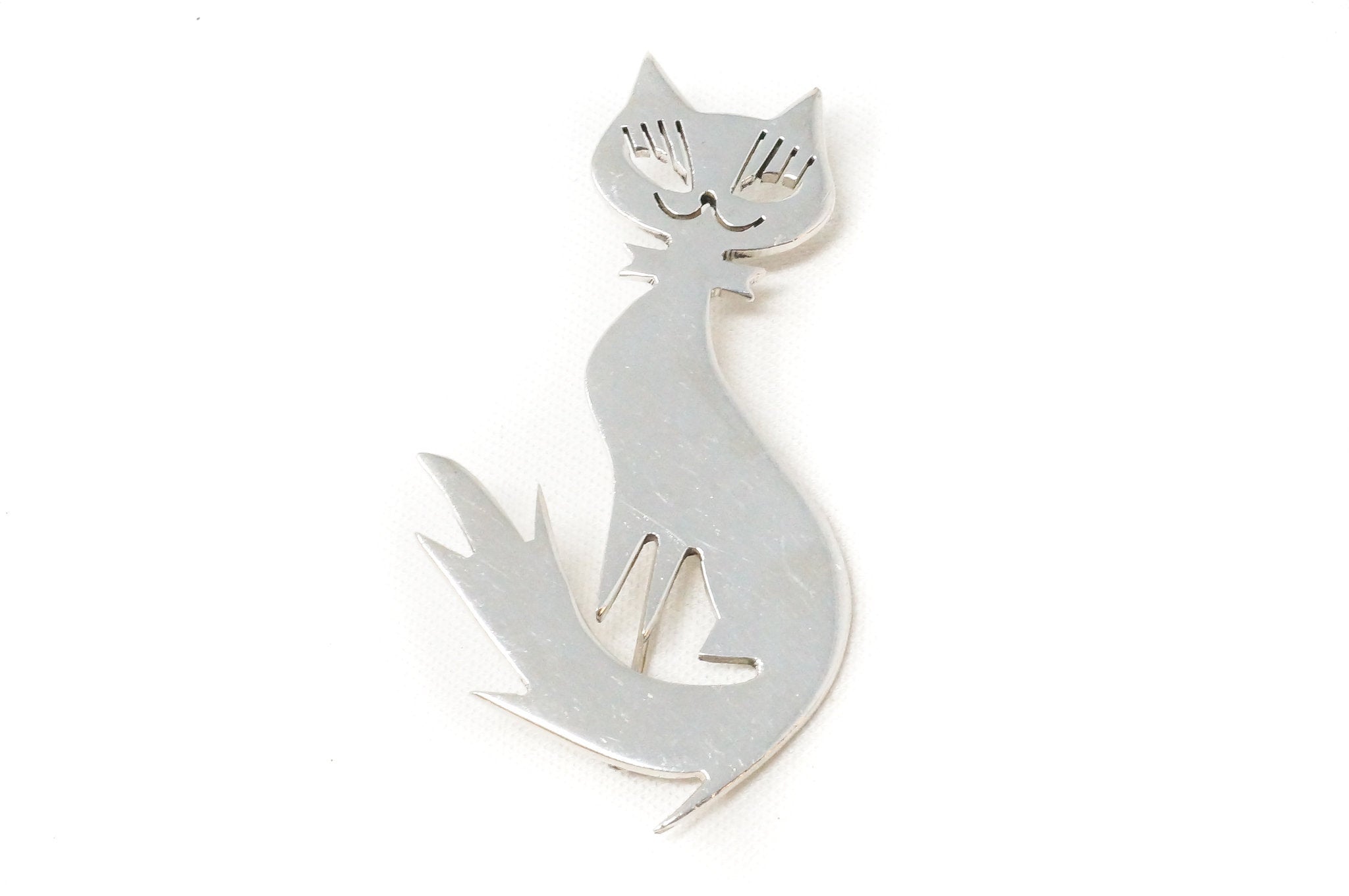 Vintage Taxco Mexico Handmade Cat Kitten Sterling Silver Brooch Pin