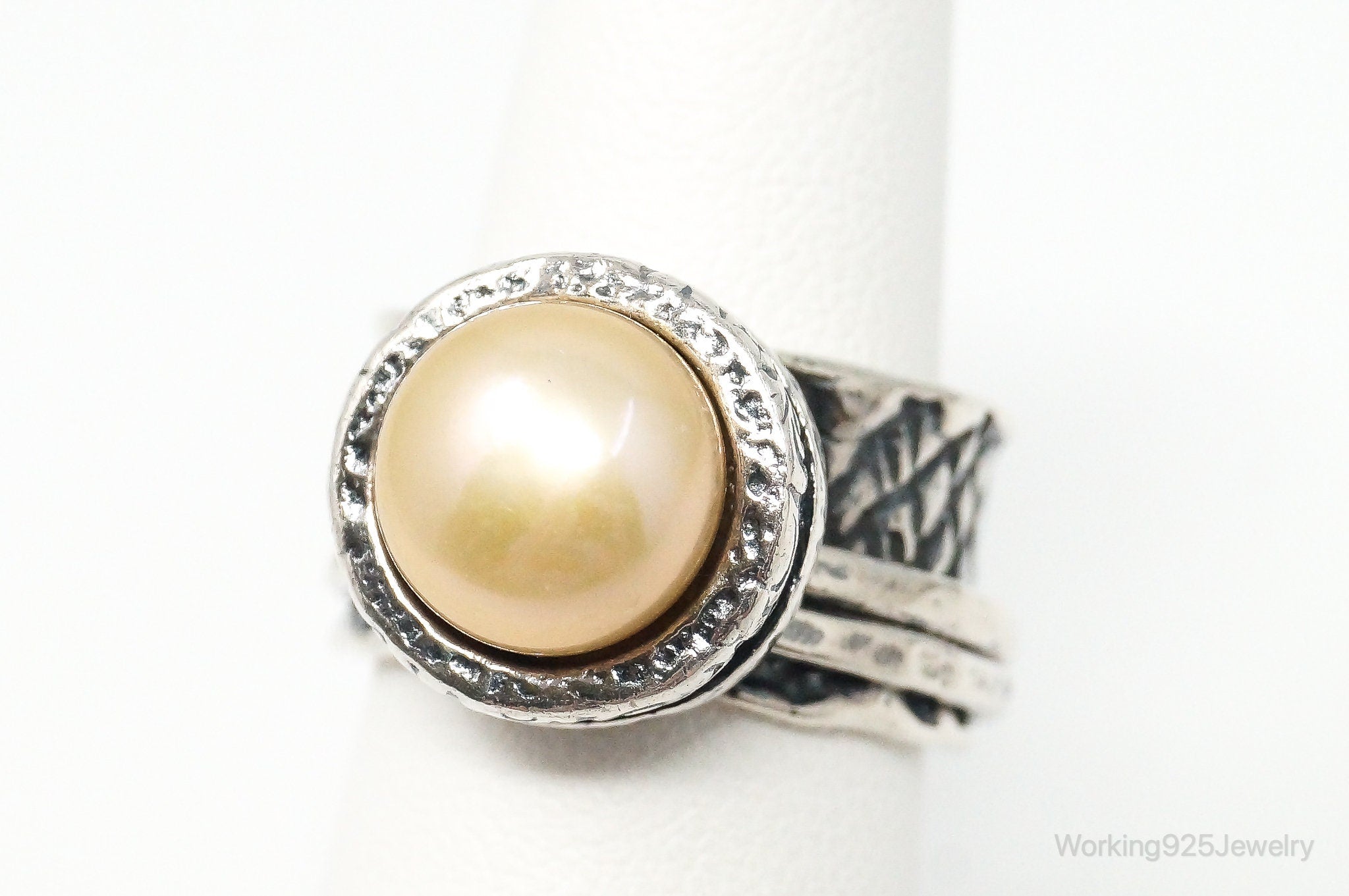 Vintage Shablool Didae Pearl Israel Sterling Silver Spinner Ring - Size 5.5