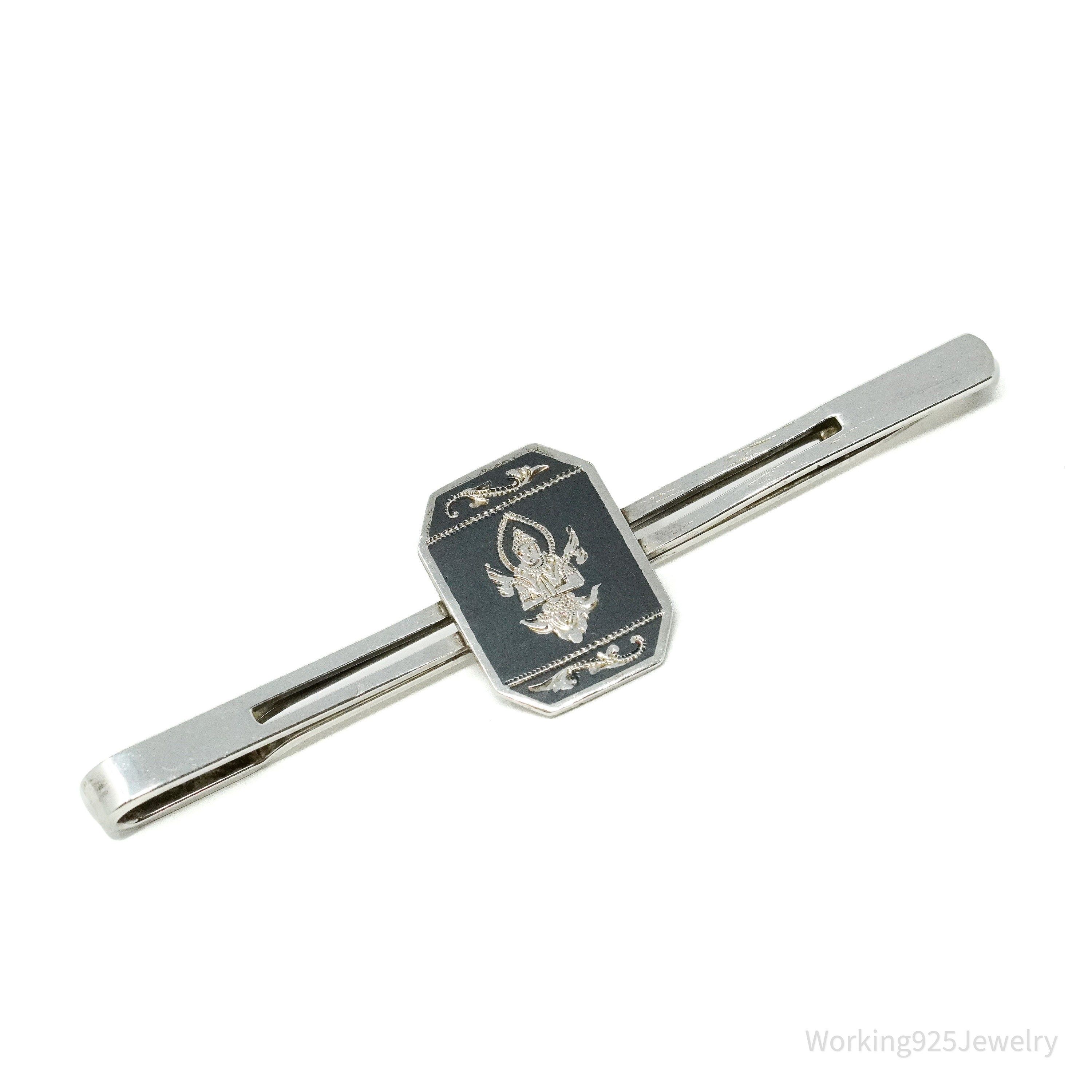 Vintage SIAM Thai Nakon Black Enamel Silver Tie Clip Or Barrette